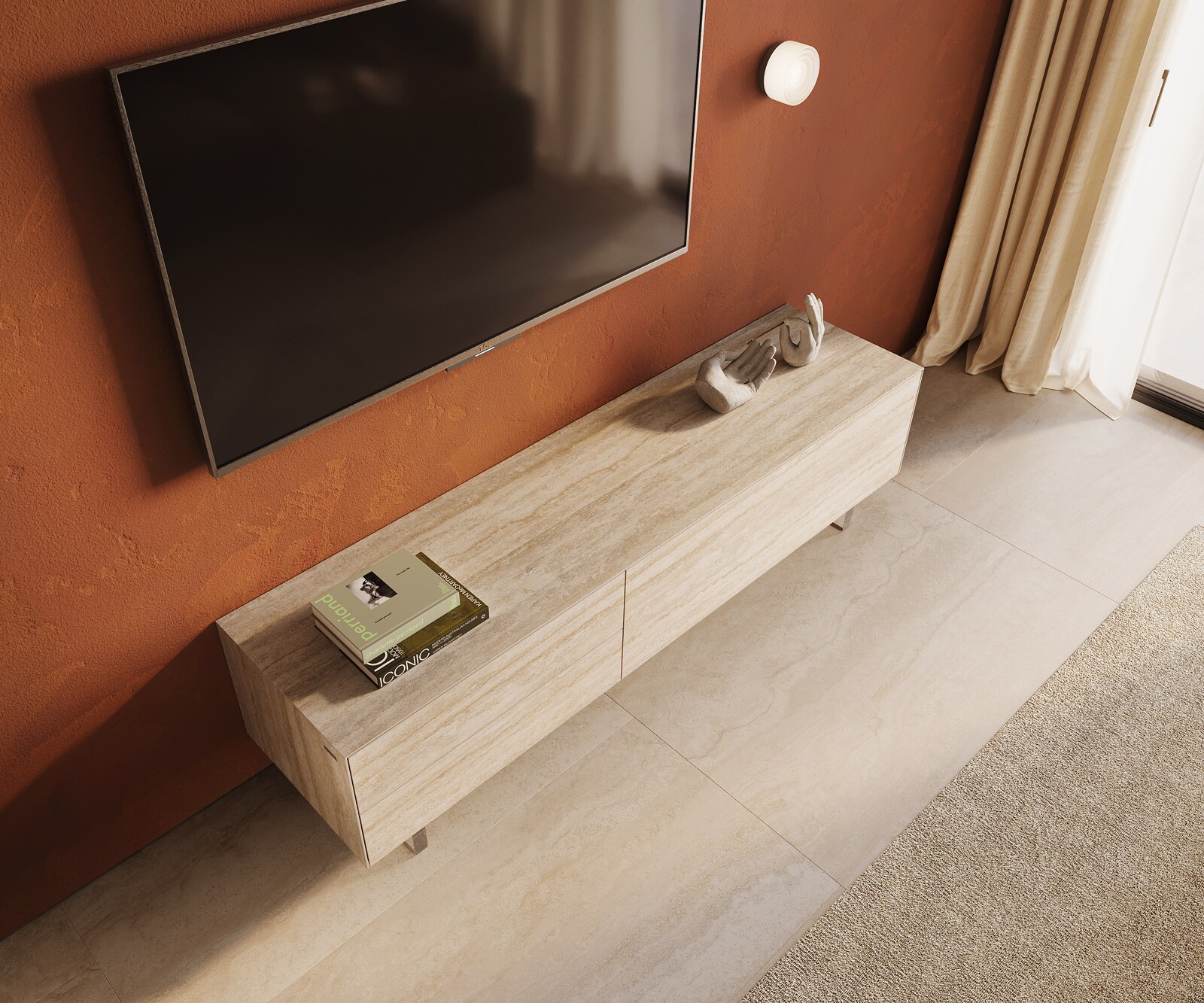 Lowboard Cuor 180 cm Keramik Laminam® Travertino Bianco Creme-Weiß 1 Klappe 2 Schubfächer Fuß Schwebeoptik Acrylglas 3