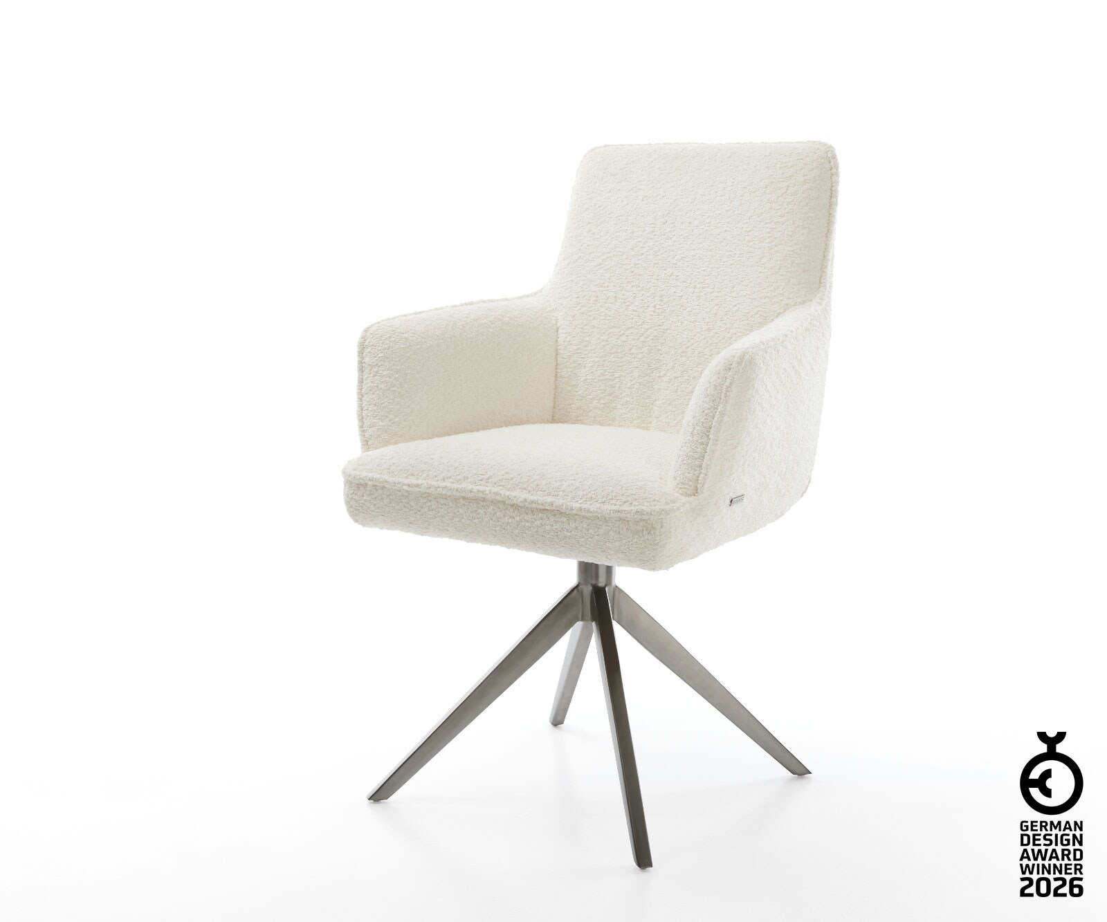 Drehstuhl Heira-Flex mit Armlehnen Bouclé Weiß Kreuzgestell breit Graphit 360° drehbar Wippfunktion Taschenfederkern