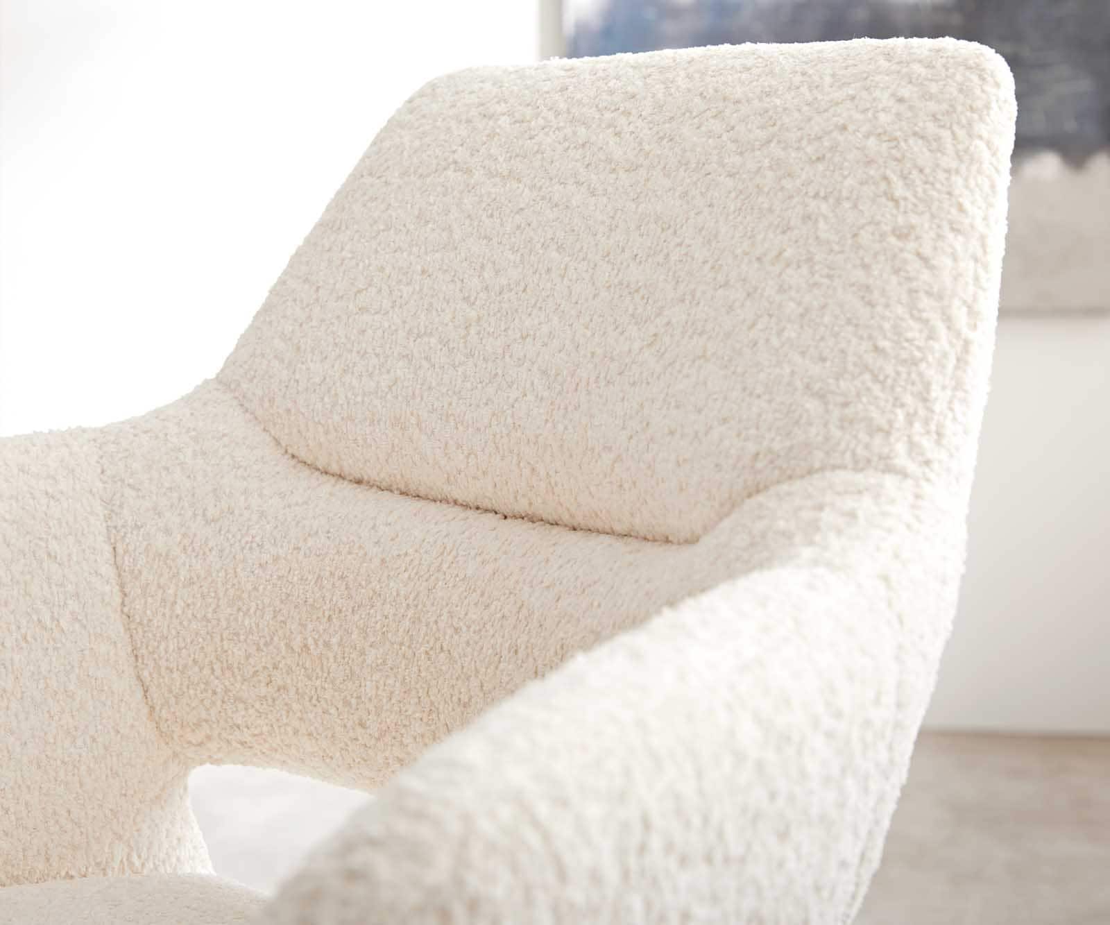 Drehstuhl Yago-Flex mit Armlehnen Bouclé Weiß Kreuzgestell breit Edelstahl 360° drehbar Taschenfederkern 5