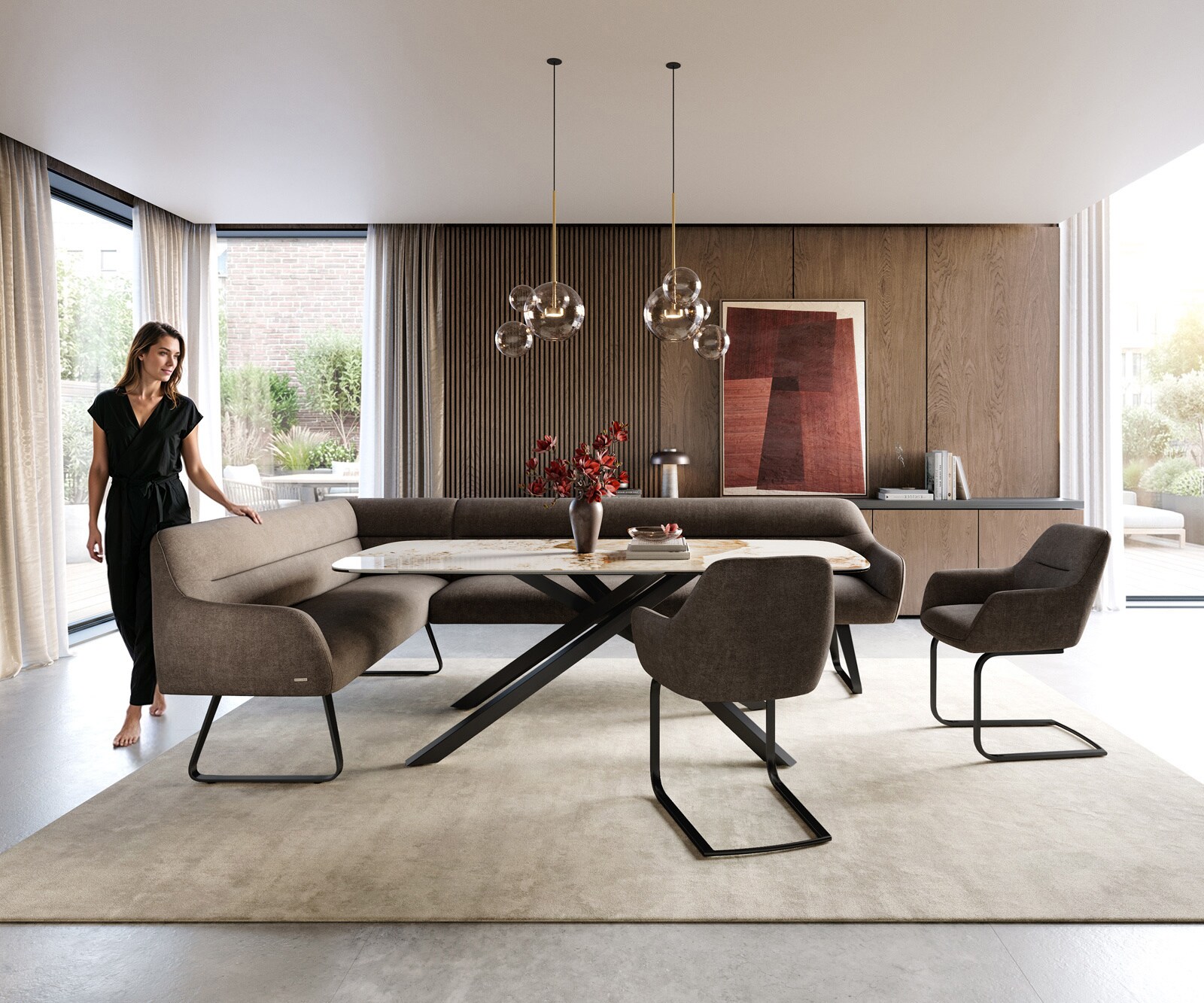 Esszimmerbank Taya-Flex 285x190 cm Strukturstoff Soft Taupe Kufengestell flach Schwarz Taschenfederkern Rechts 1