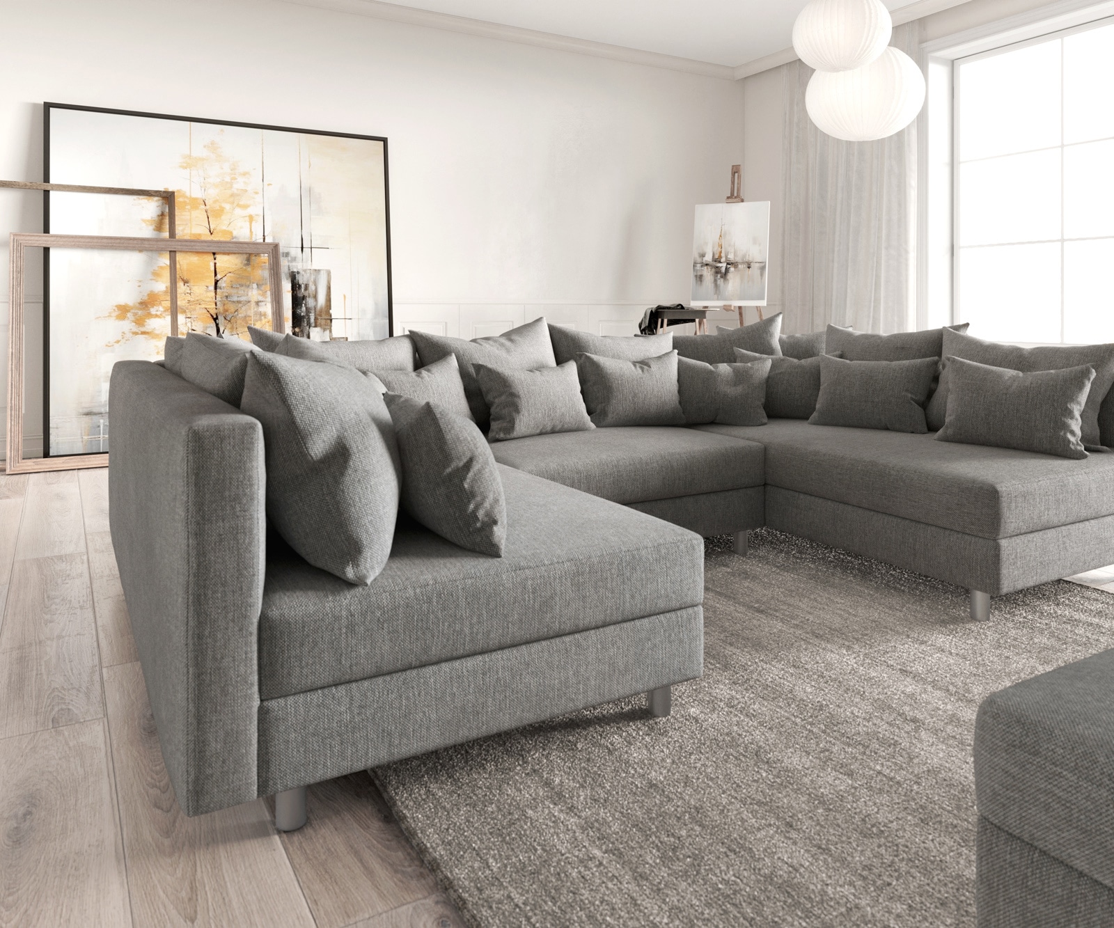 Canapé-panoramique modulable Clovis gris salon tissu plat tabouret   5 Canapé-panoramique modulable Clovis gris salon tissu plat tabouret   5
