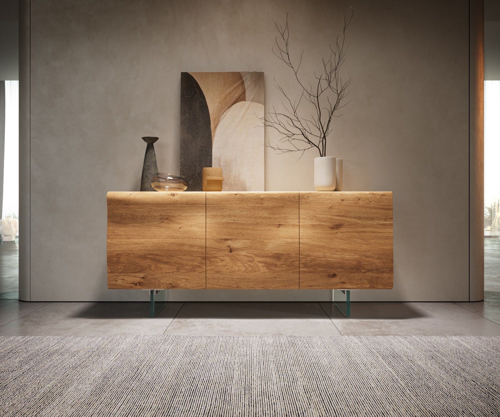 Buffet New Live-Edge 145 cm chêne naturel 3 portes pied en verre