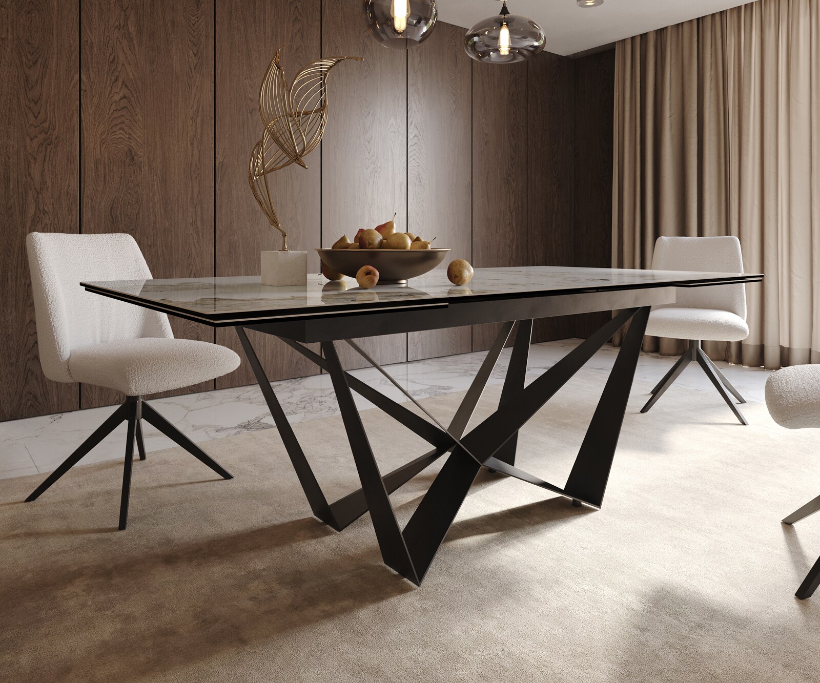 Table à manger Edge 200-300x100 céramique Minas mélange blanc-beige Spider acier plat noir extensible 7
