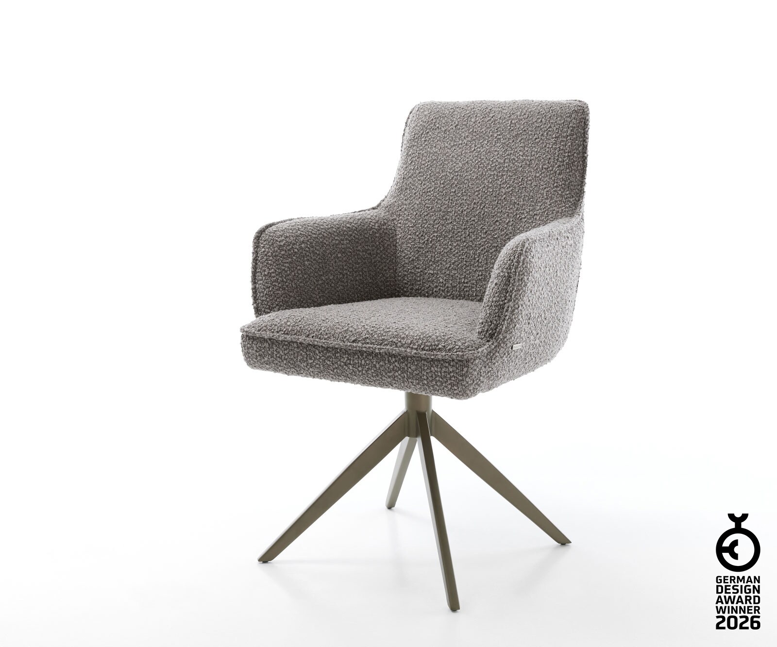 Chaise-pivotante Heira-Flex avec accoudoirs bouclé gris argenté pied croisé large aspect titane pivotement sur 360° ressorts ensachés
