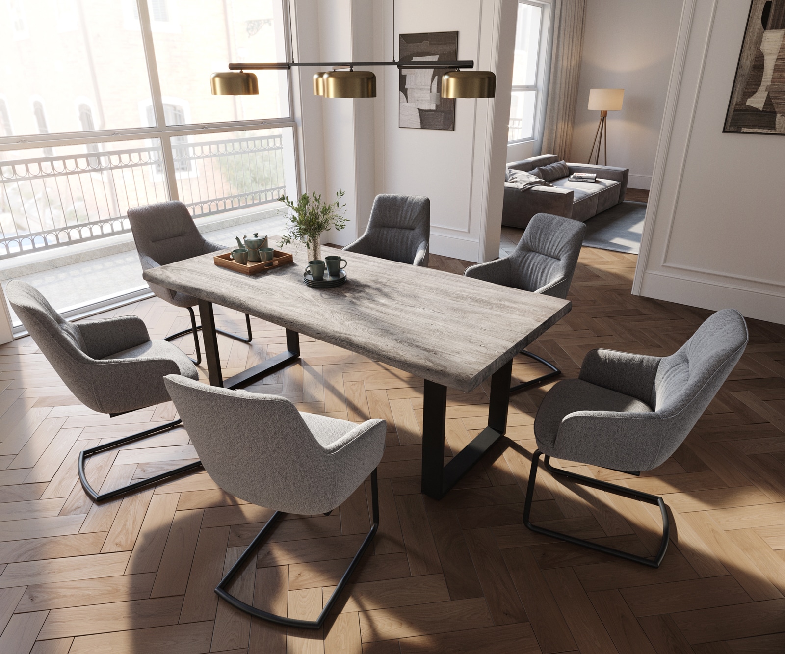 Cantilever Zelia-Flex avec accoudoirs tissu texturé gris clair pied cantilever rond noir ressorts ensachés 4 Cantilever Zelia-Flex avec accoudoirs tissu texturé gris clair pied cantilever rond noir ressorts ensachés 4