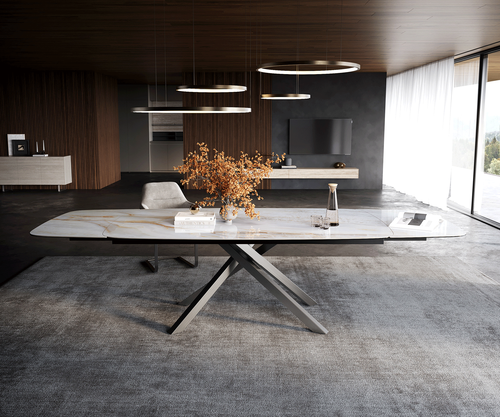 Esstisch Edge Boot 200-300x120 cm Keramik Onyx Pearl Kreuzgestell Rechteck Edelstahl ausziehbar 1