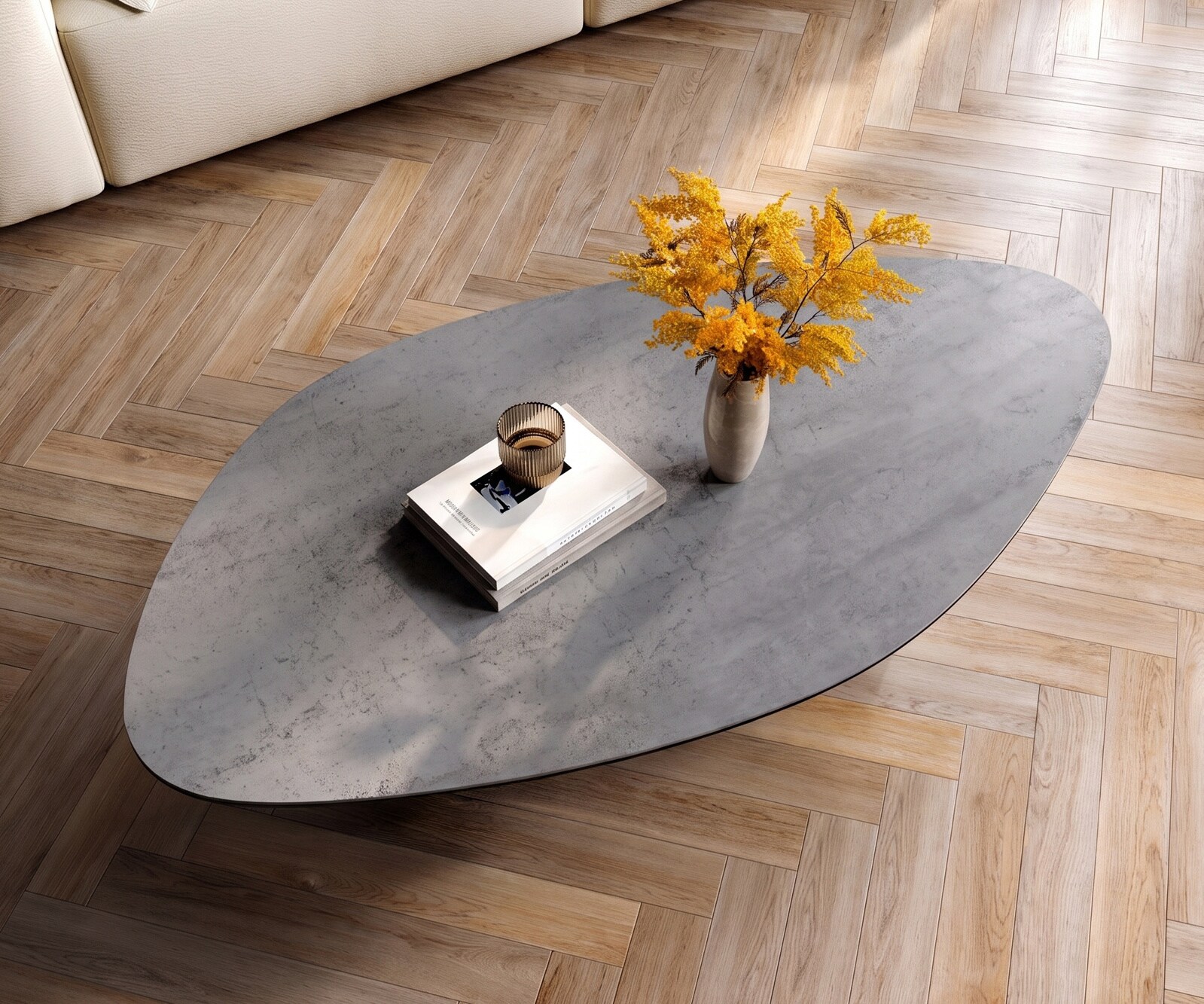 Table basse Edge organique 140x76 cm céramique béton gris Sarity acier inoxydable brossé 4