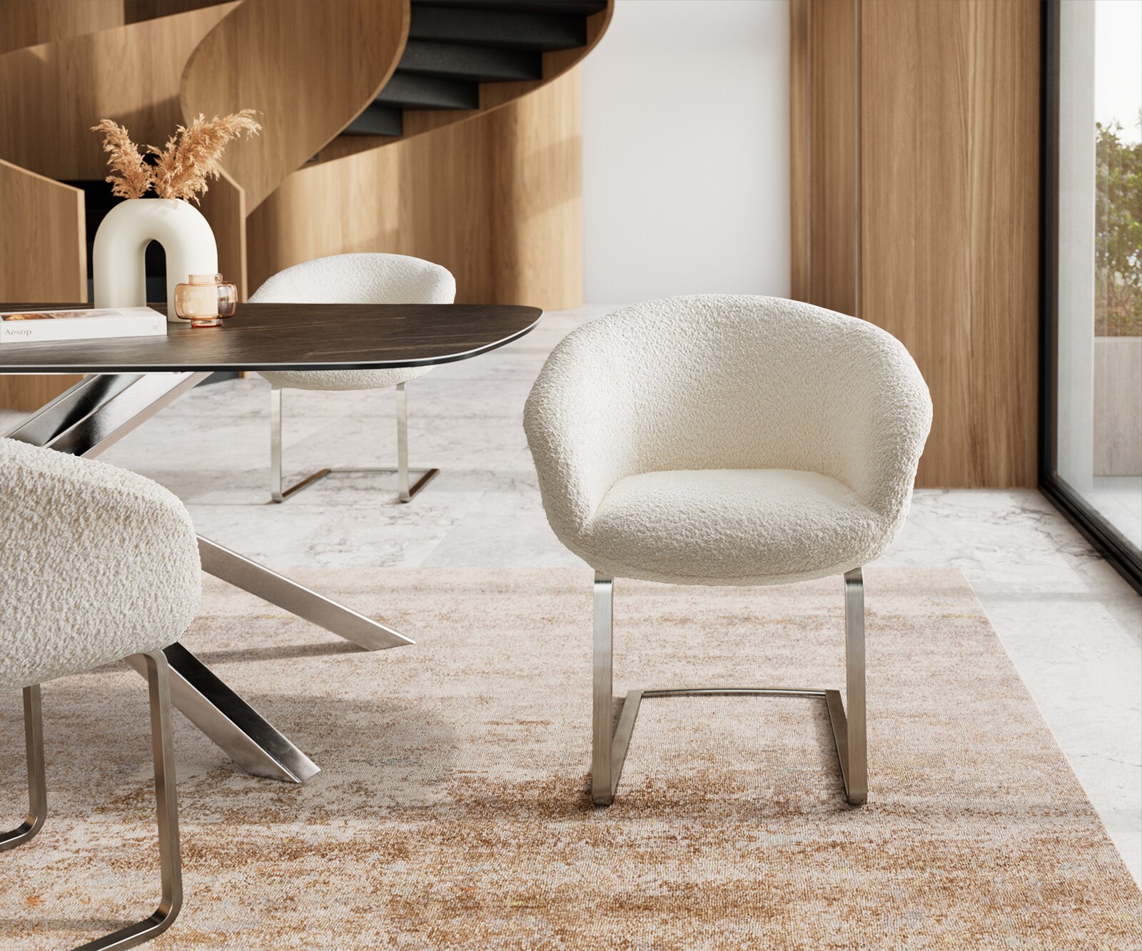 Cantilever Vinka-Flex avec accoudoirs bouclé blanc pied cantilever plat acier inoxydable brossé ressorts ensachés 1