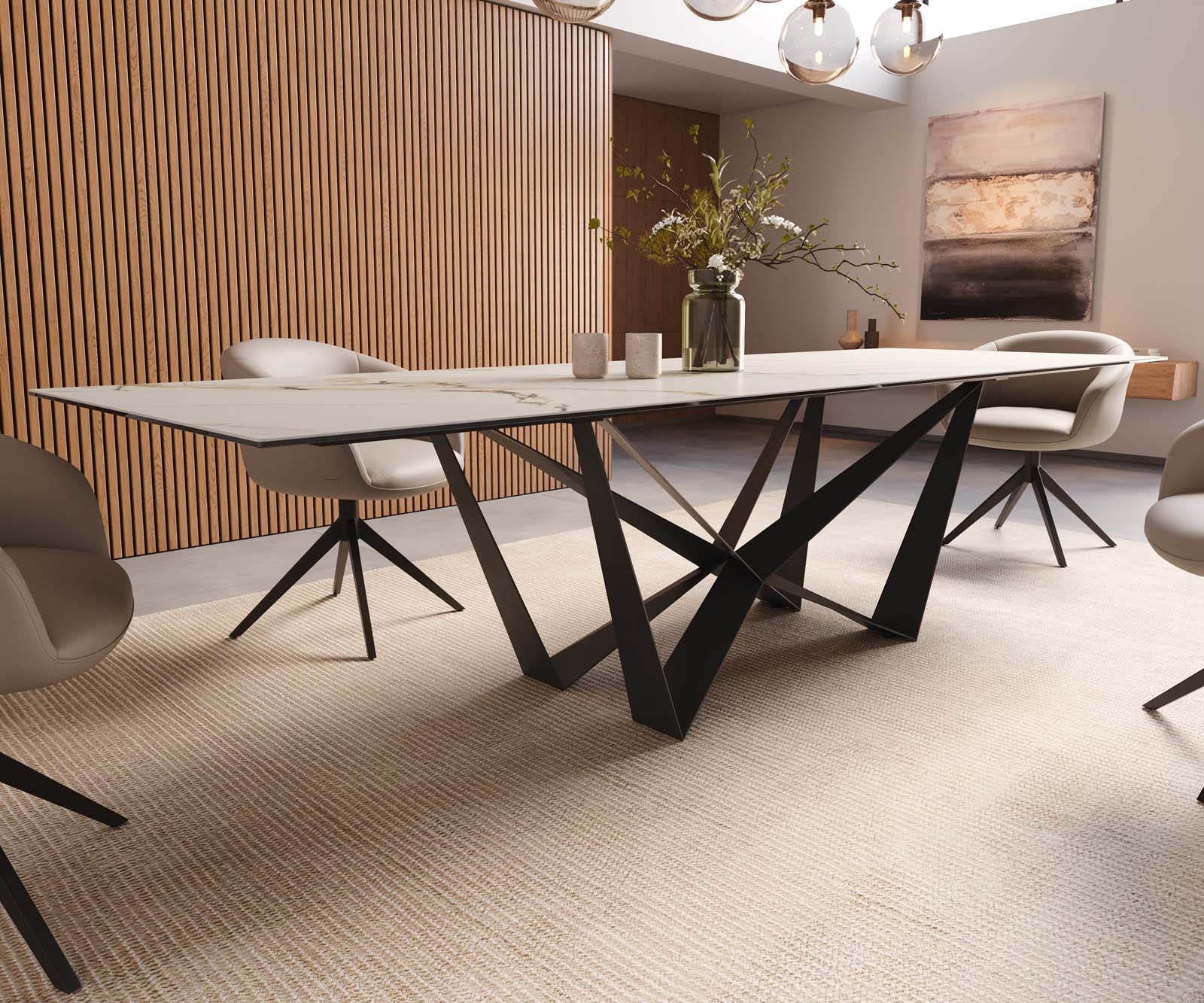 Esstisch Edge 300x100 Keramik Calacatta Luxe Weiß-Gold-Grau Spider Flachstahl Schwarz 7