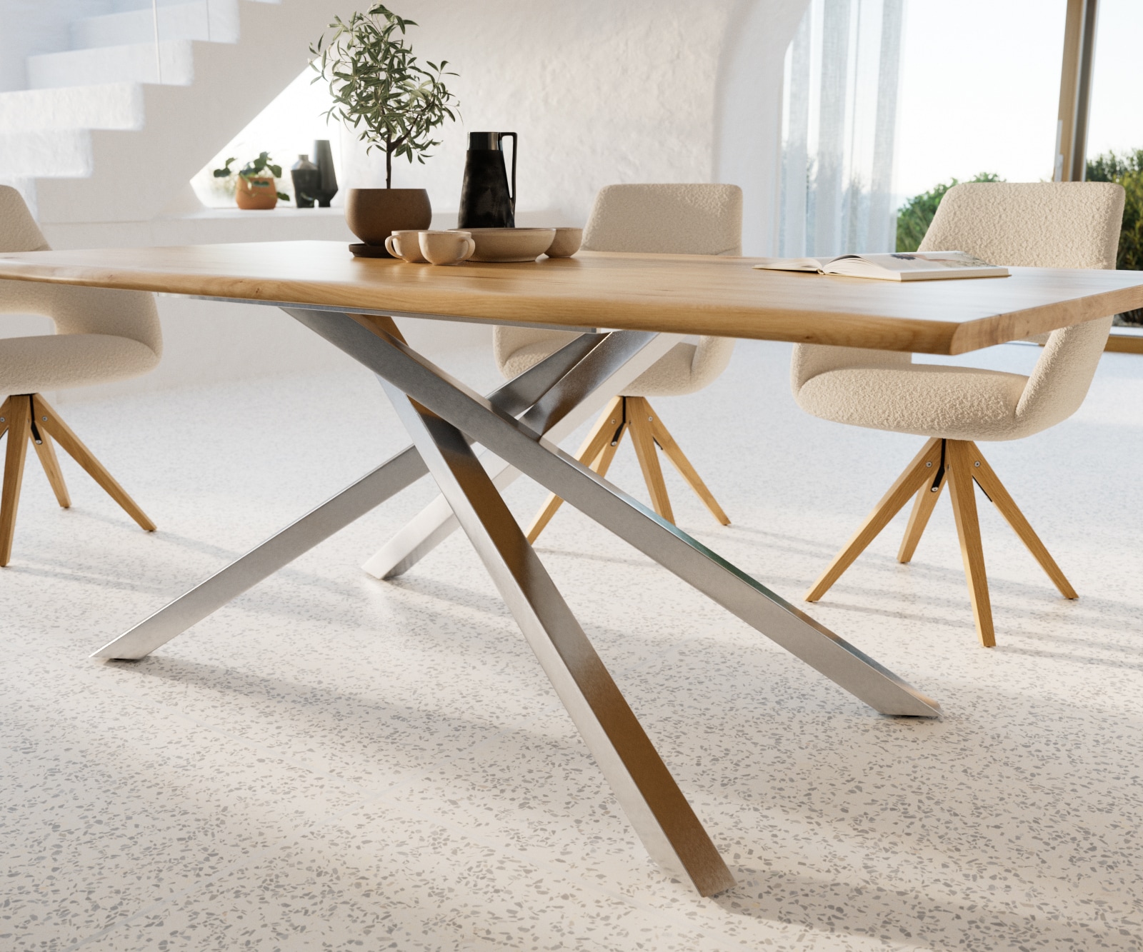 Esstisch Edge 200x100x2,5-3 Eiche Natur Kreuzgestell Rechteck Edelstahl Live-Edge 6 Esstisch Edge 200x100x2,5-3 Eiche Natur Kreuzgestell Rechteck Edelstahl Live-Edge 6