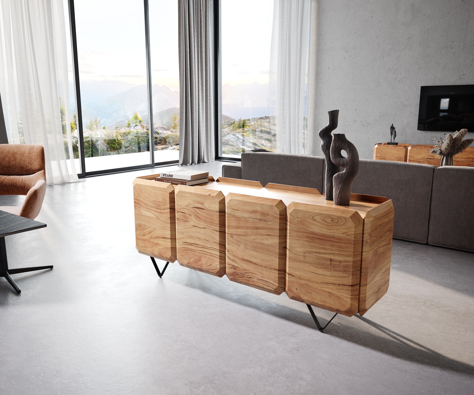 Sideboard Kiano 175 cm Akazie Natur 4 Türen V-Fuß Schwarz Raumteiler Sideboard Kiano 175 cm Akazie Natur 4 Türen V-Fuß Schwarz Raumteiler