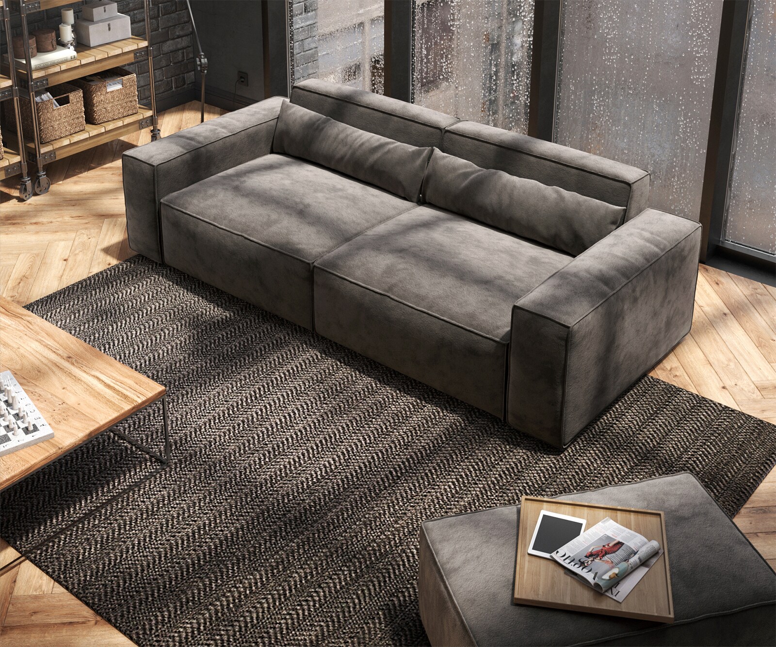 Grand Canapé Sirpio 230x95 cm Microfibre Marron Kaki avec Tabouret 4