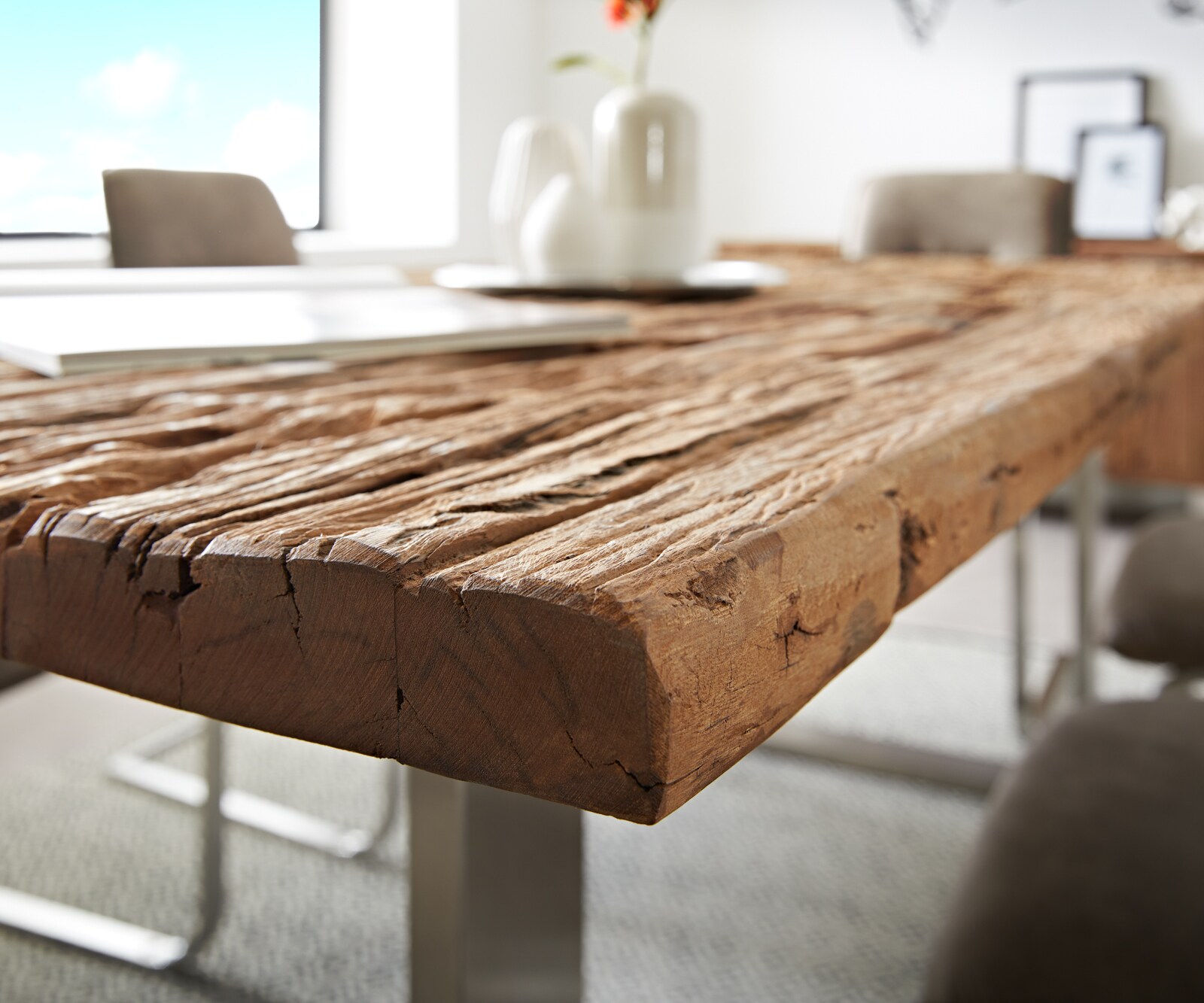 Table-à-manger Reclaimed 200x100 cm aspect vintage acier inoxydable étroit 5