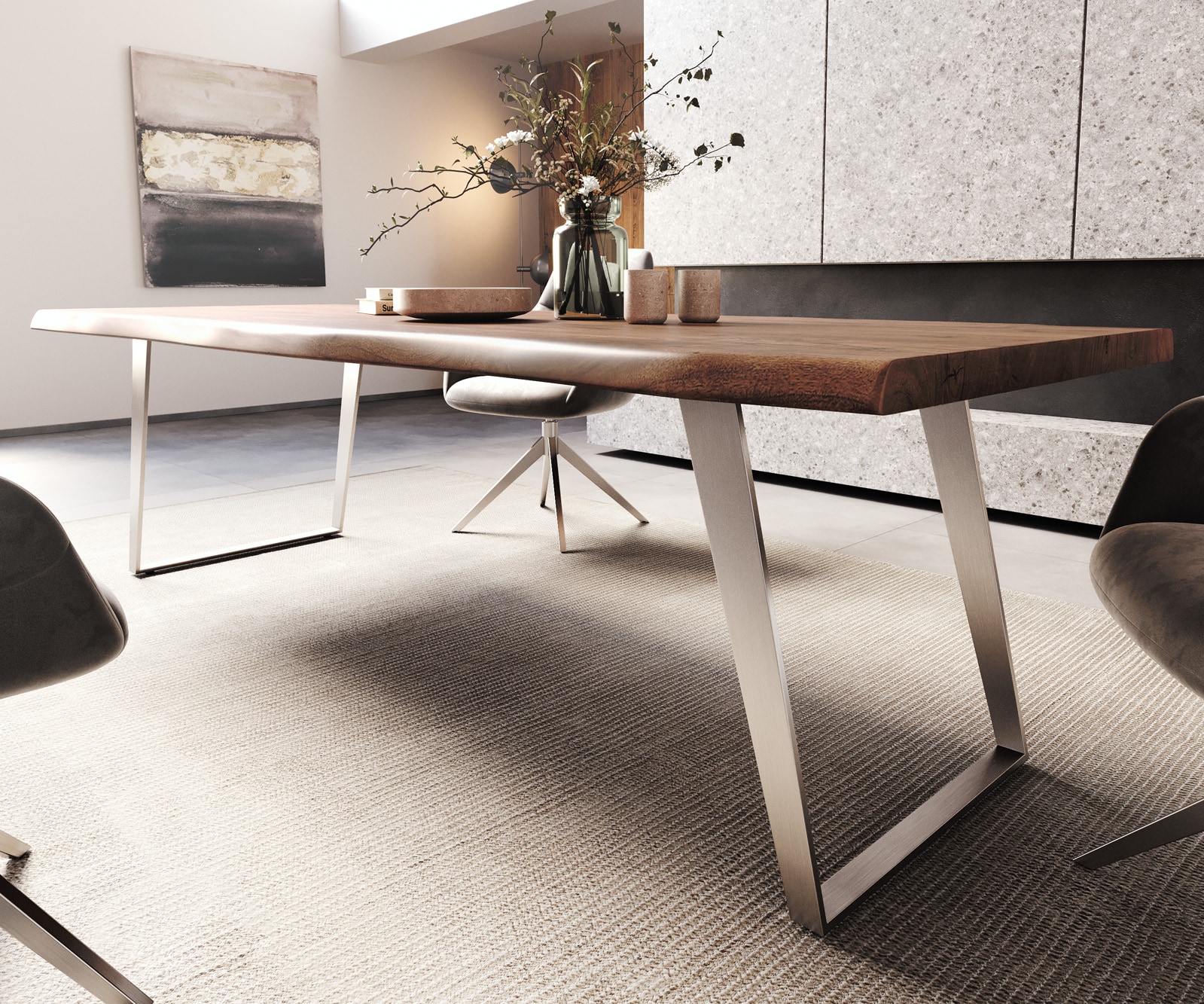 Table-à-manger Edge 260x100cm XL acacia marron acier inoxydable argent incliné Live-Edge 5