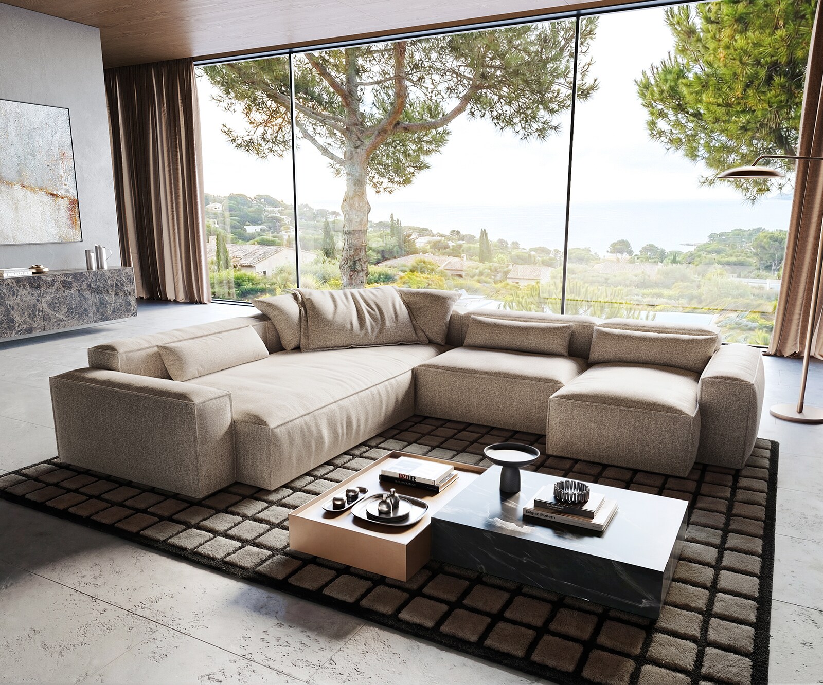 Canapé panoramique Freestyle 360x290 cm Tissu tissé doux Beige couture passepoilée 1