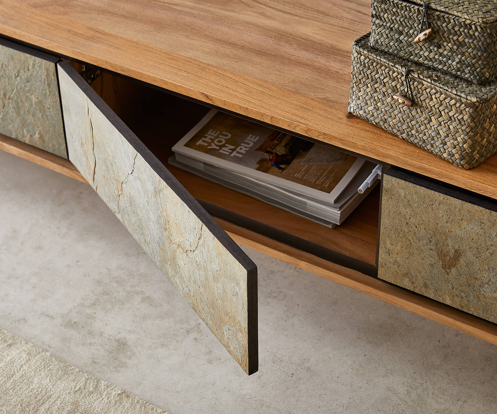 Meuble-TV Juwelo 200 cm acacia naturel avec placage de pierre 4 portes 6