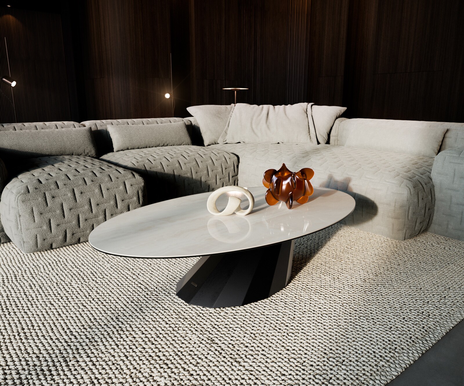 Table basse Edge ovale 140x80 cm céramique Onyx Champagne Parabi métal noir