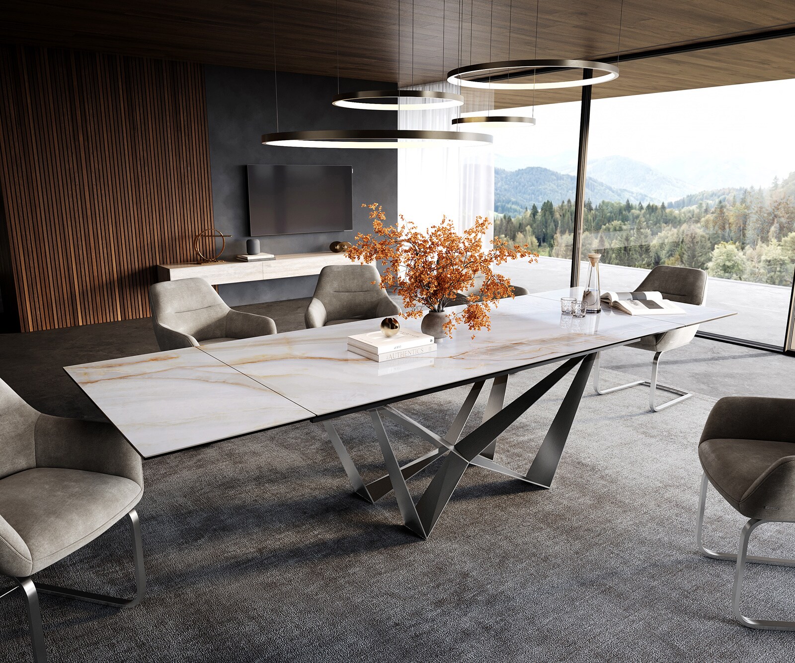 Esstisch Edge 200-300x100 cm Keramik Onyx Pearl Spider Flachstahl Edelstahl ausziehbar