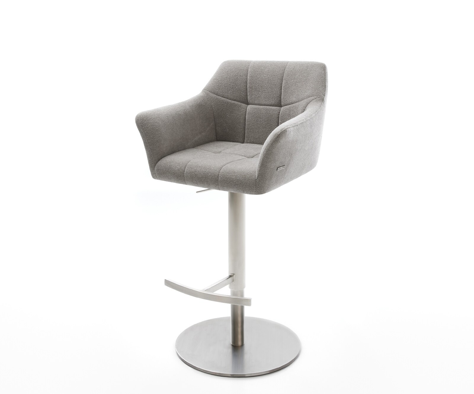 Chaise-de-bar Yulo-Flex Tissu structuré doux Gris Pied pivotant réglable en hauteur en acier inoxydable Argent