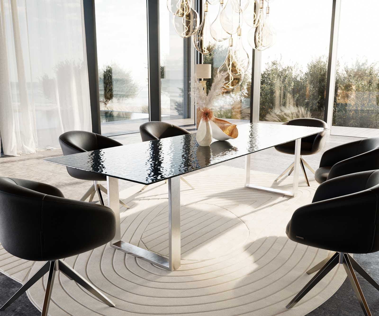 Esstisch Edge 300x100 Reliefglas Rauchschwarz 3D-Design Edelstahl Schmal 9