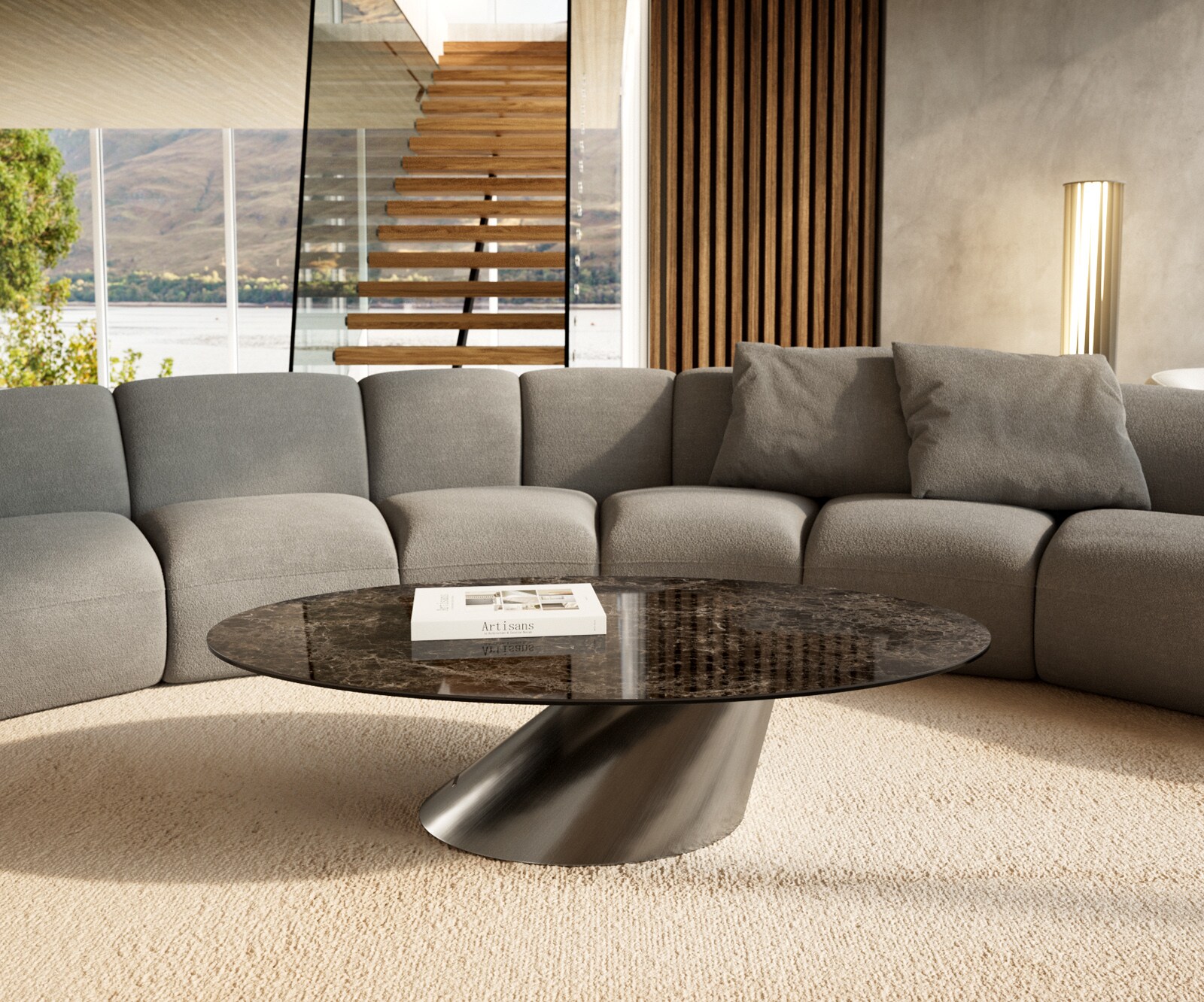Couchtisch Edge Oval 140x80 cm Keramik Emperador Extra Lucidato Dunkelbraun Conis Edelstahl gebürstet 1