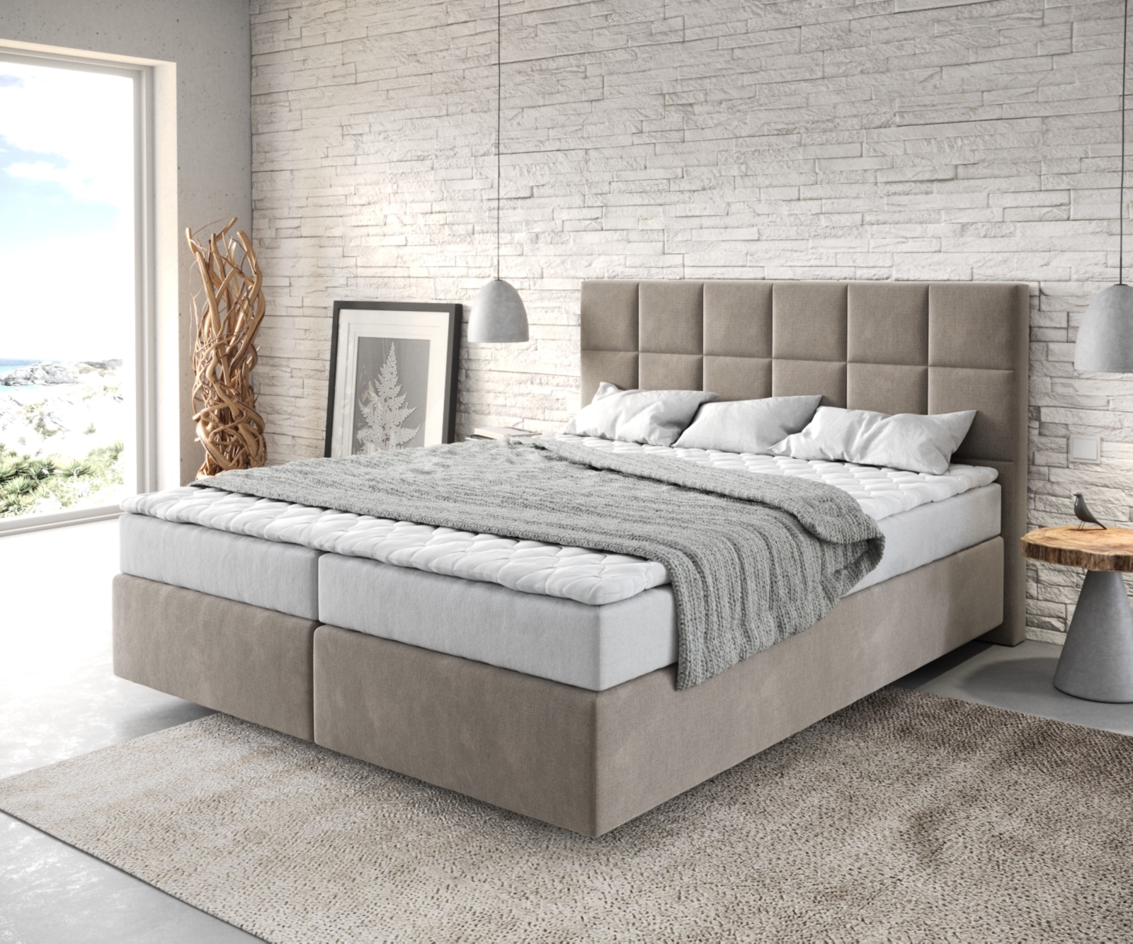 Boxspringbett Dream-Fine 160x200 cm Mikrofaser Beige mit Matratze und Topper Boxspringbett Dream-Fine 160x200 cm Mikrofaser Beige mit Matratze und Topper