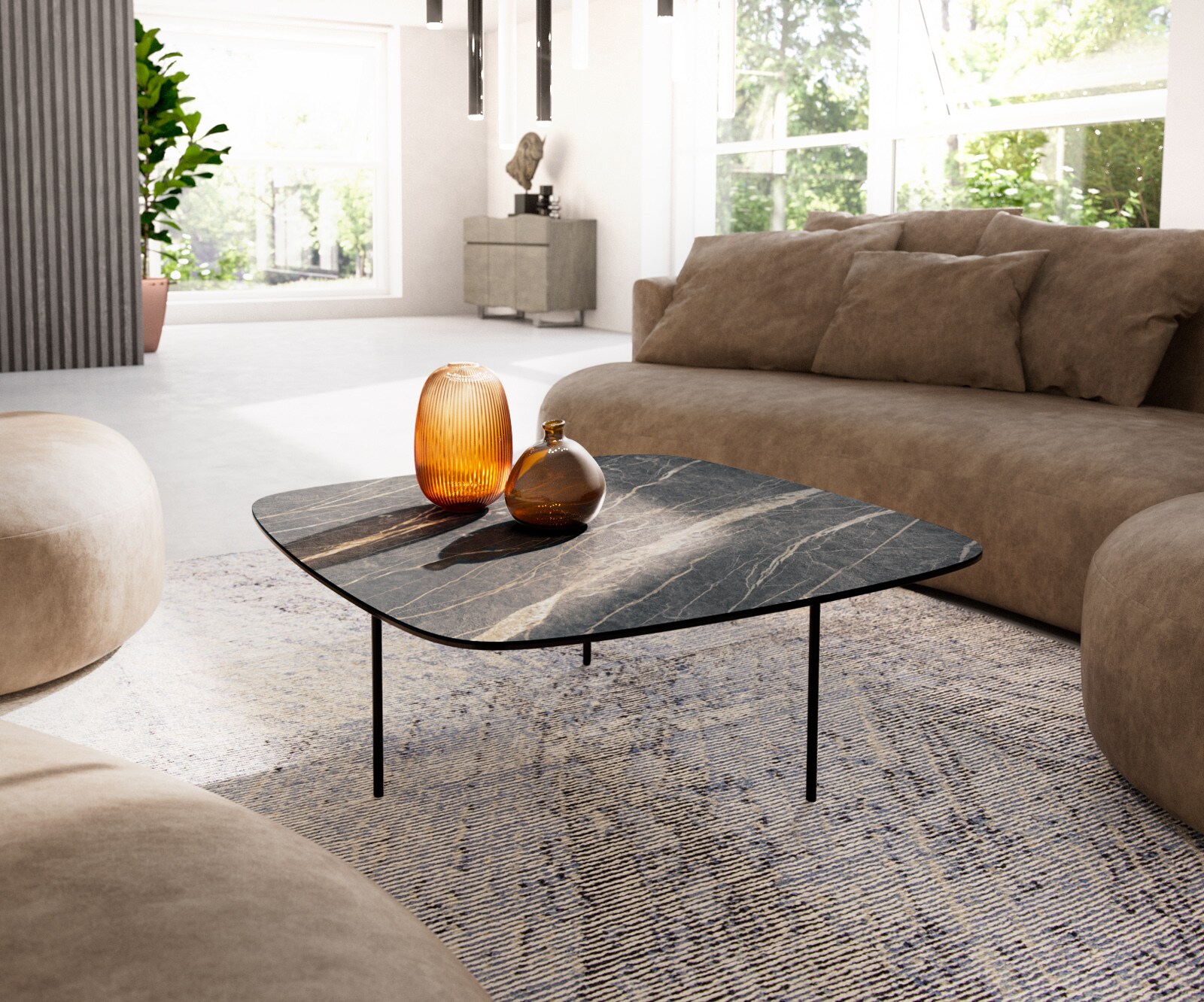 Table basse Edge Boot 90x90 cm céramique Laminam® Noir Desir brun Trive métal noir