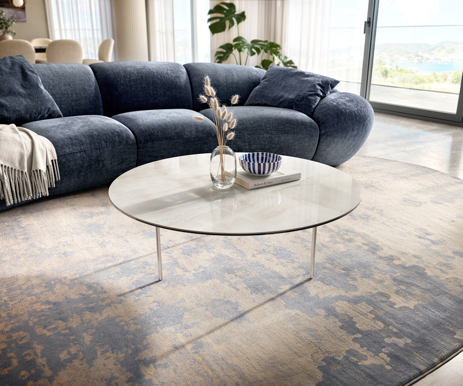 Table basse Edge ronde 100x100 cm céramique Onyx Champagne Trive acier inoxydable brossé