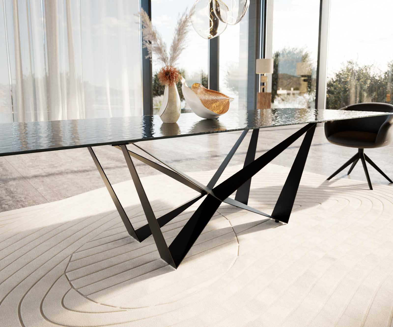 Esstisch Edge 300x100 Reliefglas Rauchschwarz 3D-Design Spider Flachstahl Schwarz 5 Esstisch Edge 300x100 Reliefglas Rauchschwarz 3D-Design Spider Flachstahl Schwarz 5