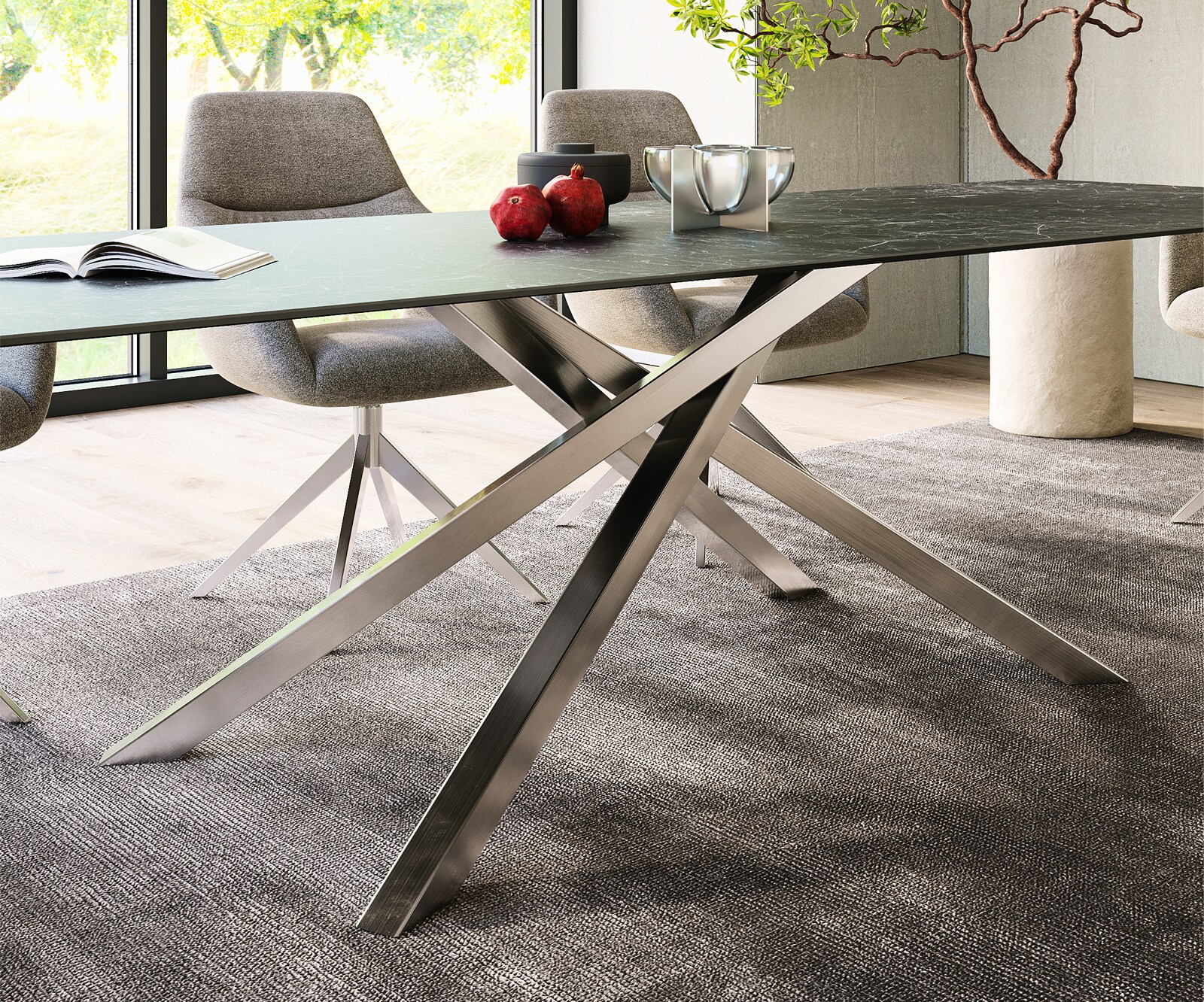 Esstisch Edge 300x100cm Keramik Laminam®Nero Greco Anthrazit Kreuzgestell Rechteck Edelstahl 6