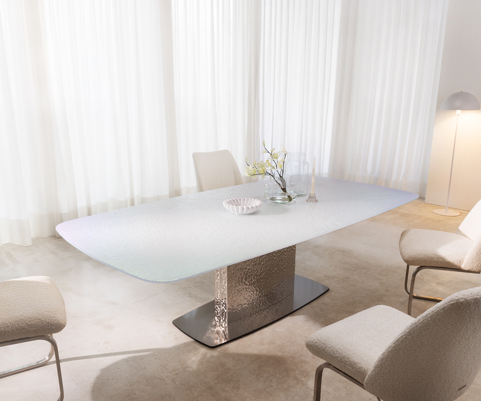Esstisch Edge Boot 240x120 Reliefglas Perlmutt 3D-Design Wave Edelstahl 1