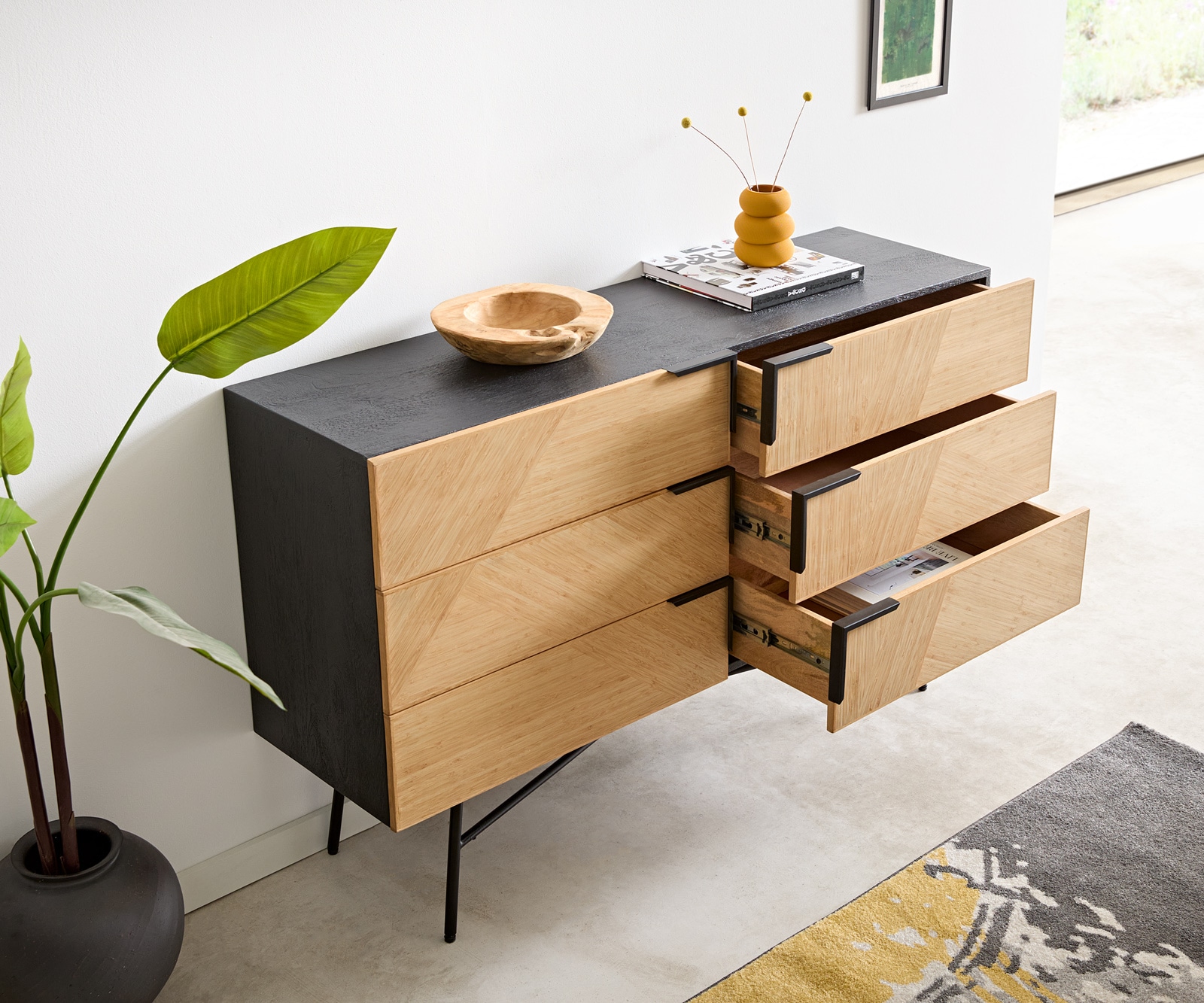 Sideboard Mikkusu 140 cm Bambus Natur Mango Schwarz 6 Schubladen Metall Schwarz 4
