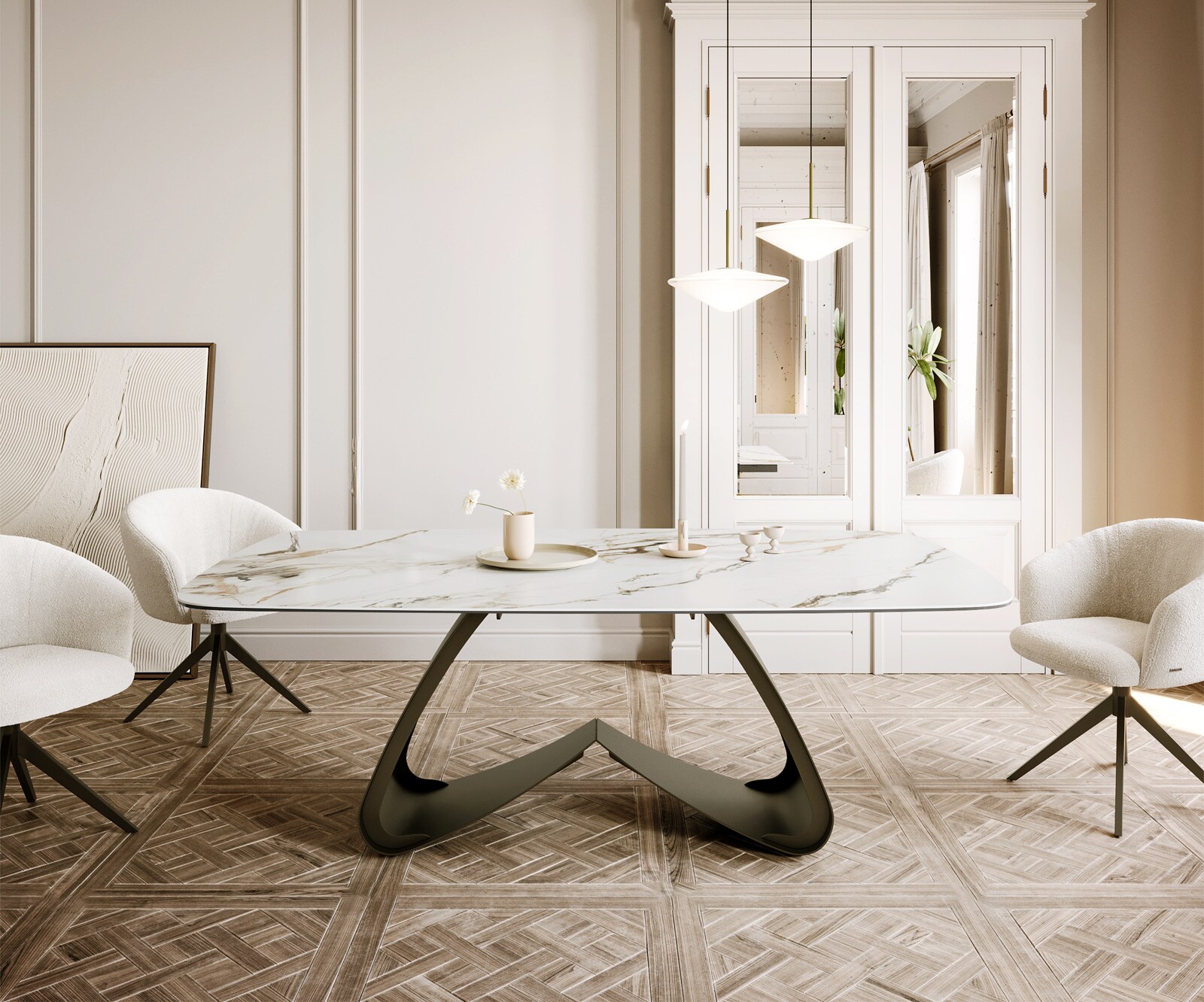 Table à manger Edge Boot 200x100 céramique Calacatta Luxe blanc-doré-gris cadre en W métal effet finition titanee 2