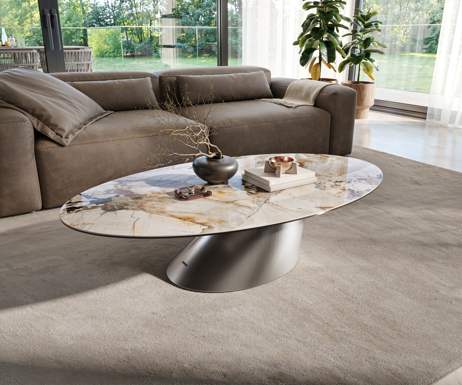 Couchtisch Edge Oval 140x80 cm Keramik Patagonia Poliert Conis Edelstahl gebürstet