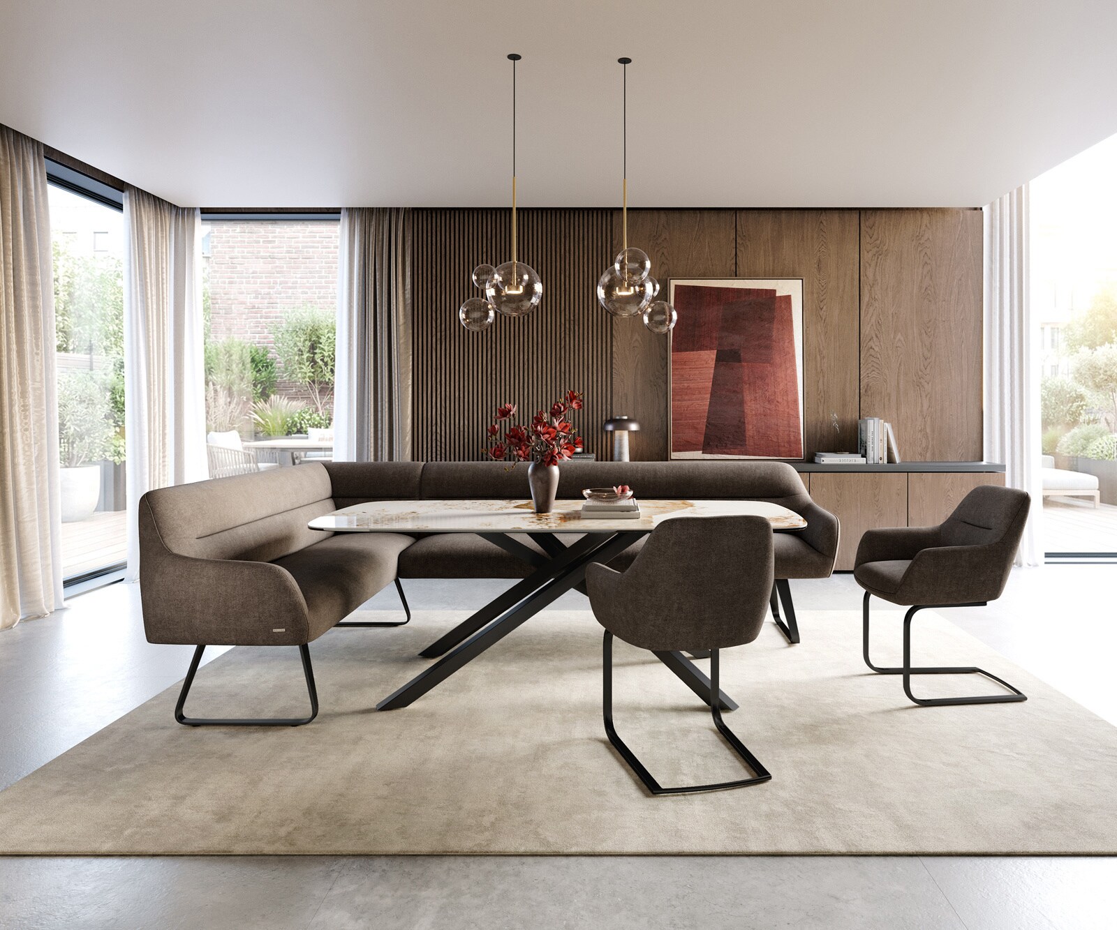 Esszimmerbank Taya-Flex 285x190 cm Strukturstoff Soft Taupe Kufengestell flach Schwarz Taschenfederkern Rechts 1