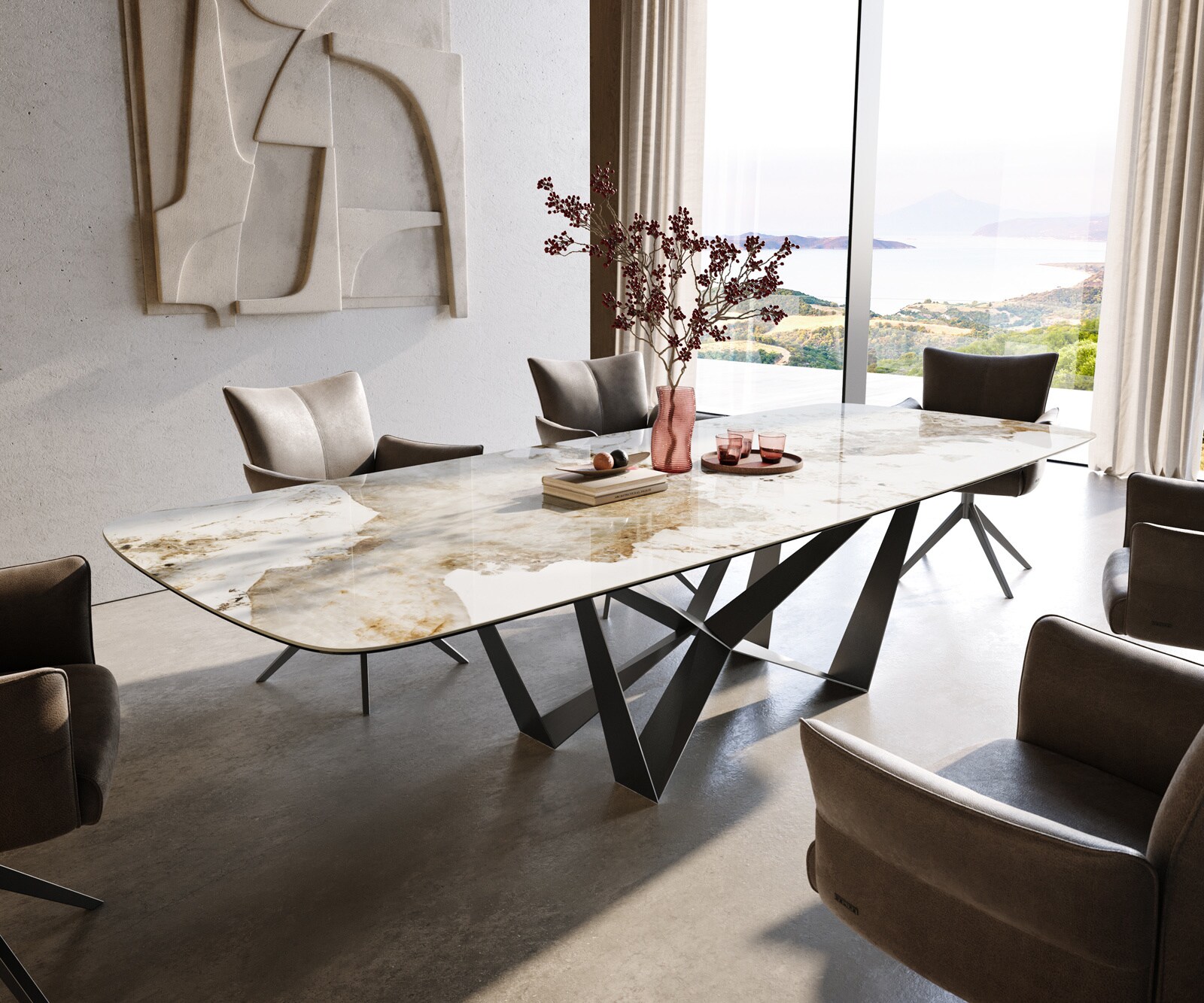 Esstisch Edge Boot 300x120 cm Keramik Minas Melange Weiß-Beige Spider Flachstahl Edelstahl Graphit