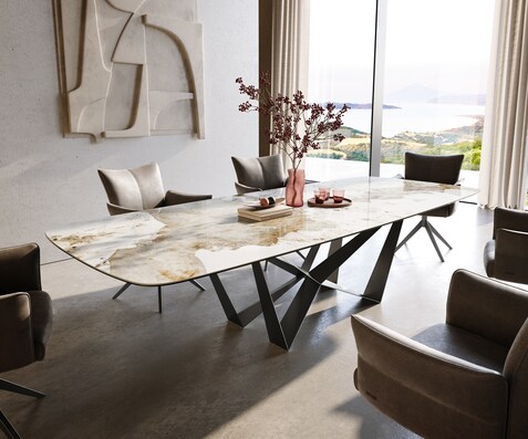 Esstisch Edge Boot 300x120 cm Keramik Minas Melange Weiß-Beige Spider Flachstahl Edelstahl Graphit