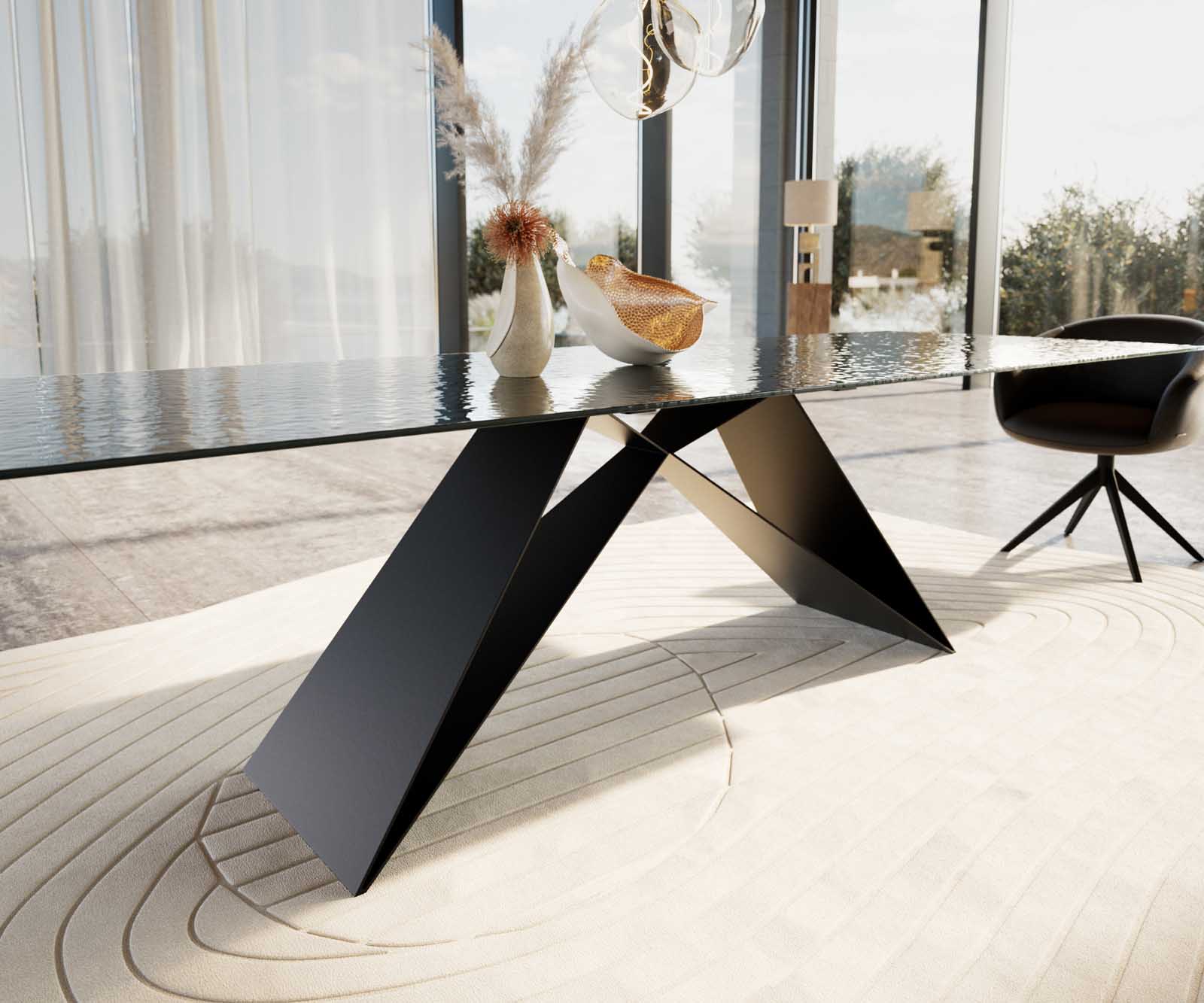 Esstisch Edge 300x100 Reliefglas Rauchschwarz 3D-Design V-Gestell Flachstahl Schwarz 6