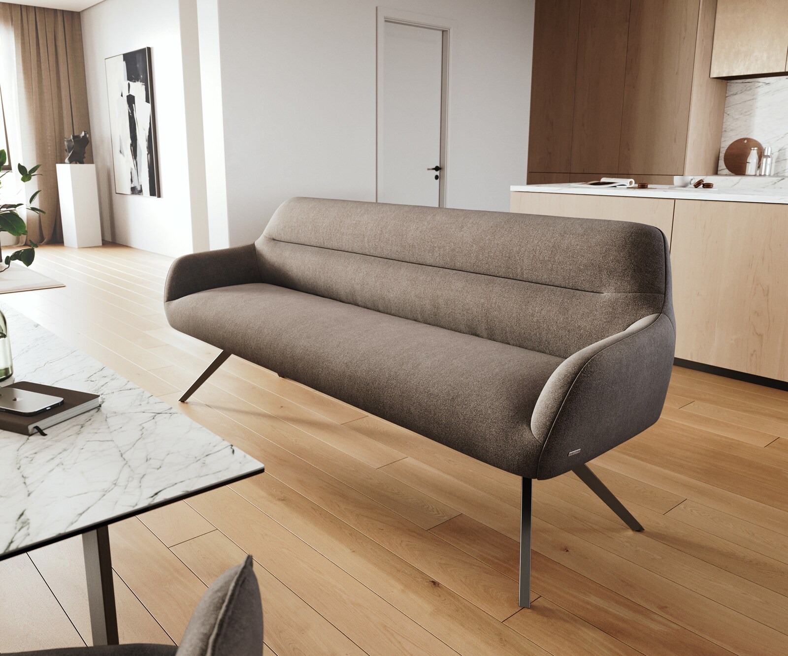 Esszimmerbank Taya-Flex 200 cm Strukturstoff Soft Taupe Kreuzgestell kantig Graphit Taschenfederkern