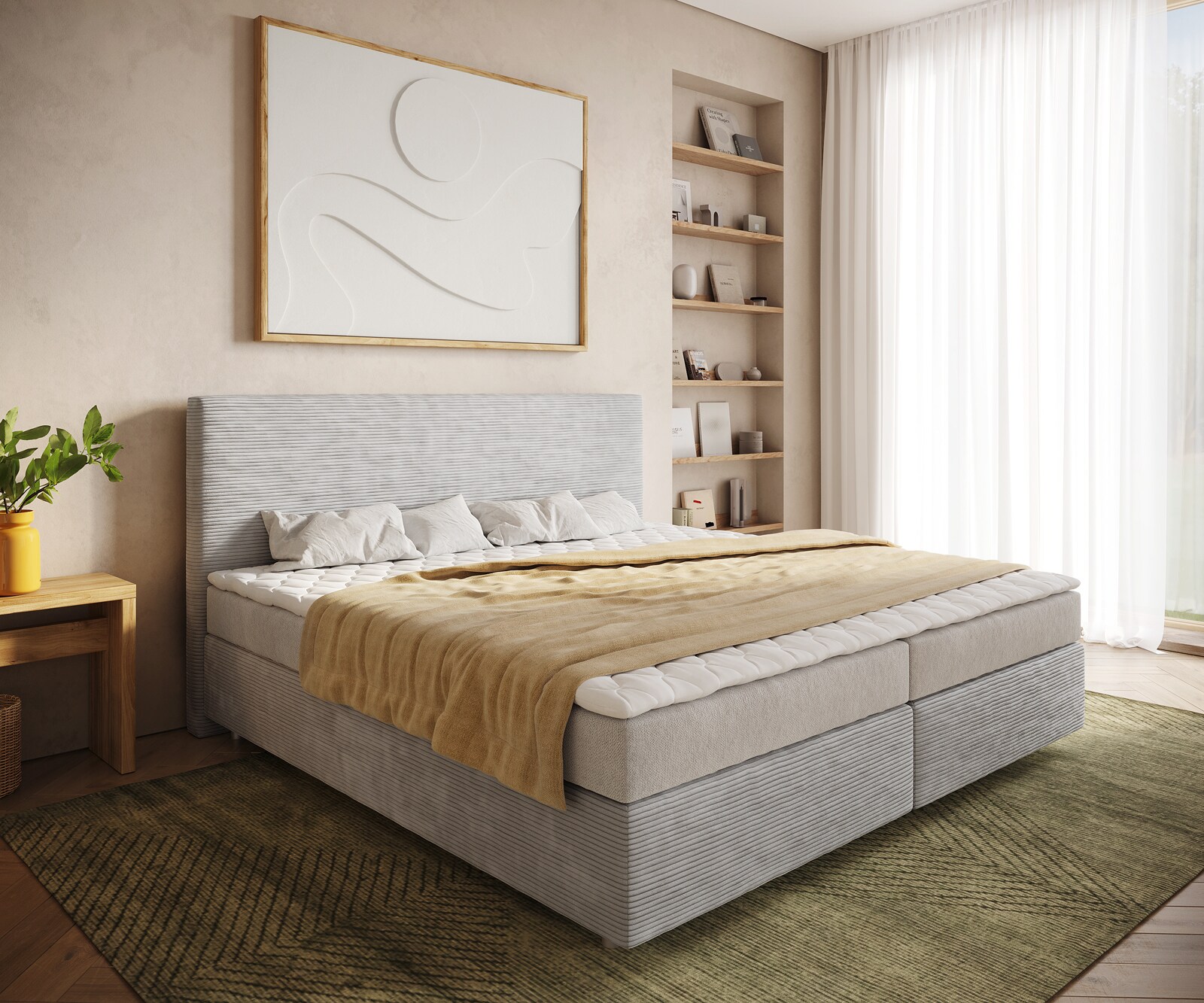 Lit-à-sommier-tapissier Dream-Well Velours côtelé gris argenté 200x200 cm Matelas Bonell PU-surmatelas 