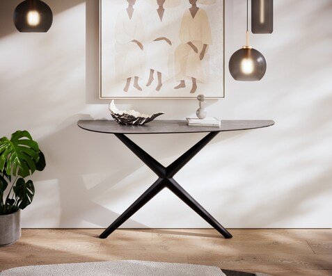 Konsolentisch Edge Oval 140x40 cm Keramik Beton Grau Estelo Metall Schwarz