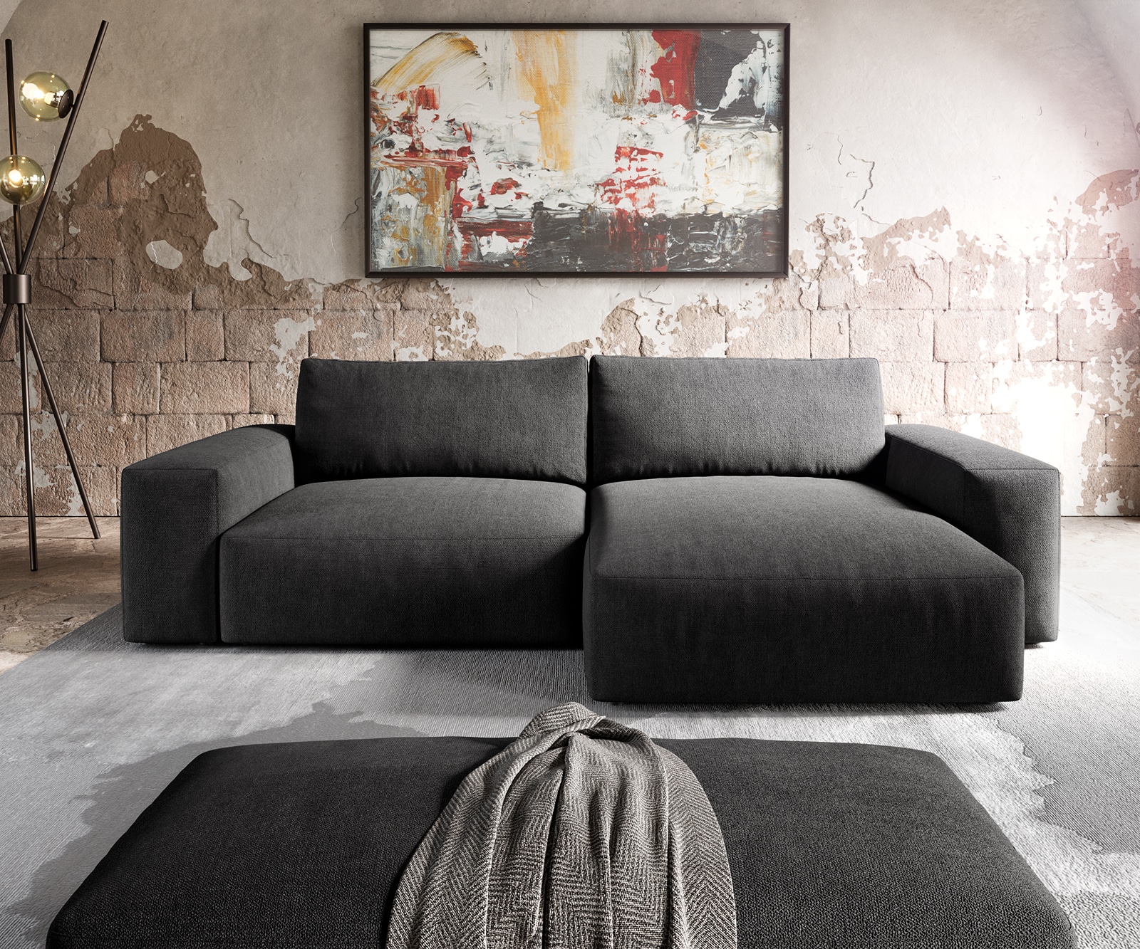 Ecksofa Lanzo XL 270x180 cm Mikrofaser Schwarz Recamiere variabel mit Hocker 1 Ecksofa Lanzo XL 270x180 cm Mikrofaser Schwarz Recamiere variabel mit Hocker 1