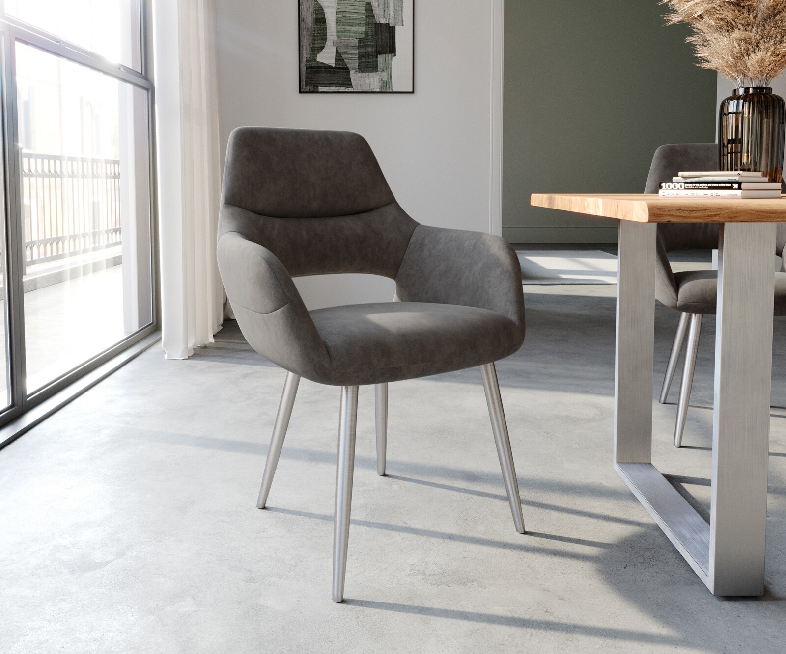 Chaise-de-salle-à-manger Yago-Flex avec accoudoirs microvelours anthracite vintage 4 pieds coniques acier inoxydable brossé ressorts ensachés 1