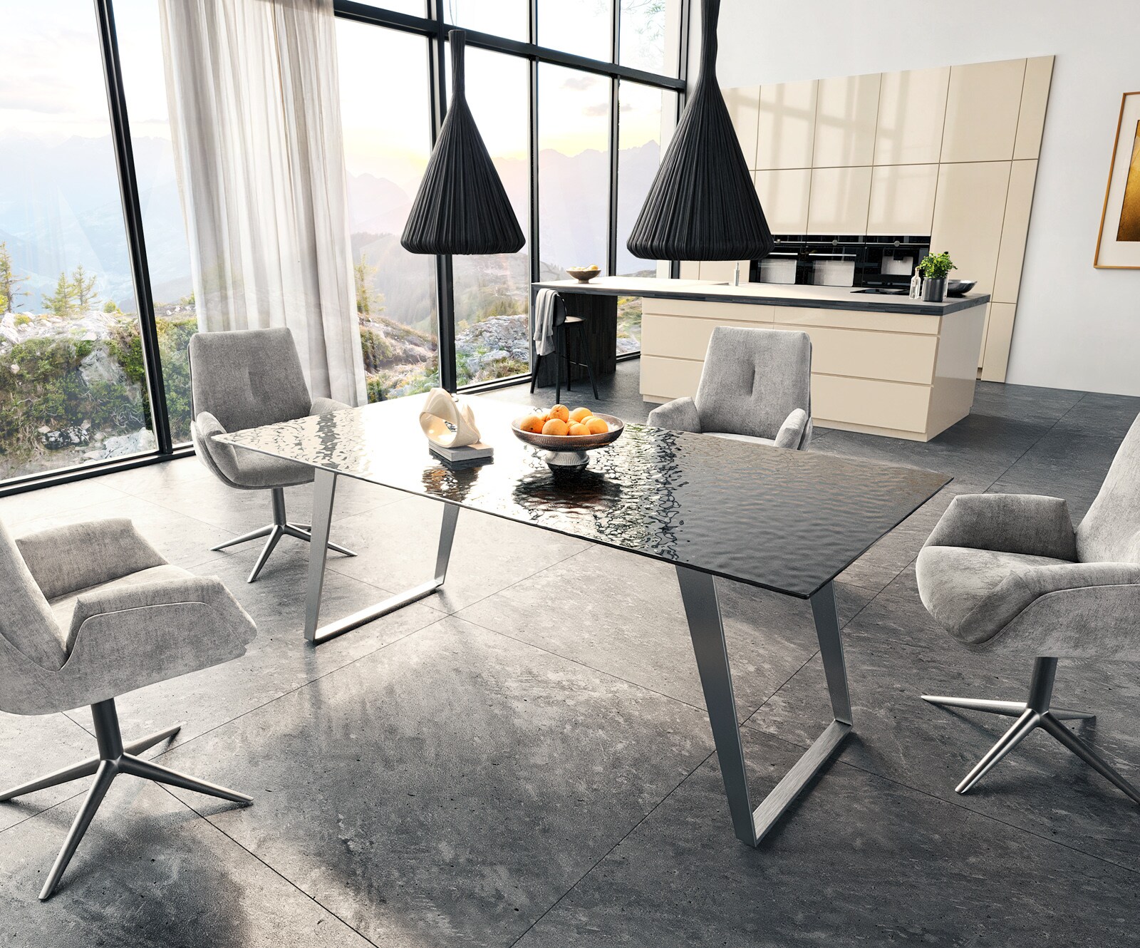 Table à manger Edge 200x100 verre fondu noir fumé relief en 3D acier inoxydable incliné 5