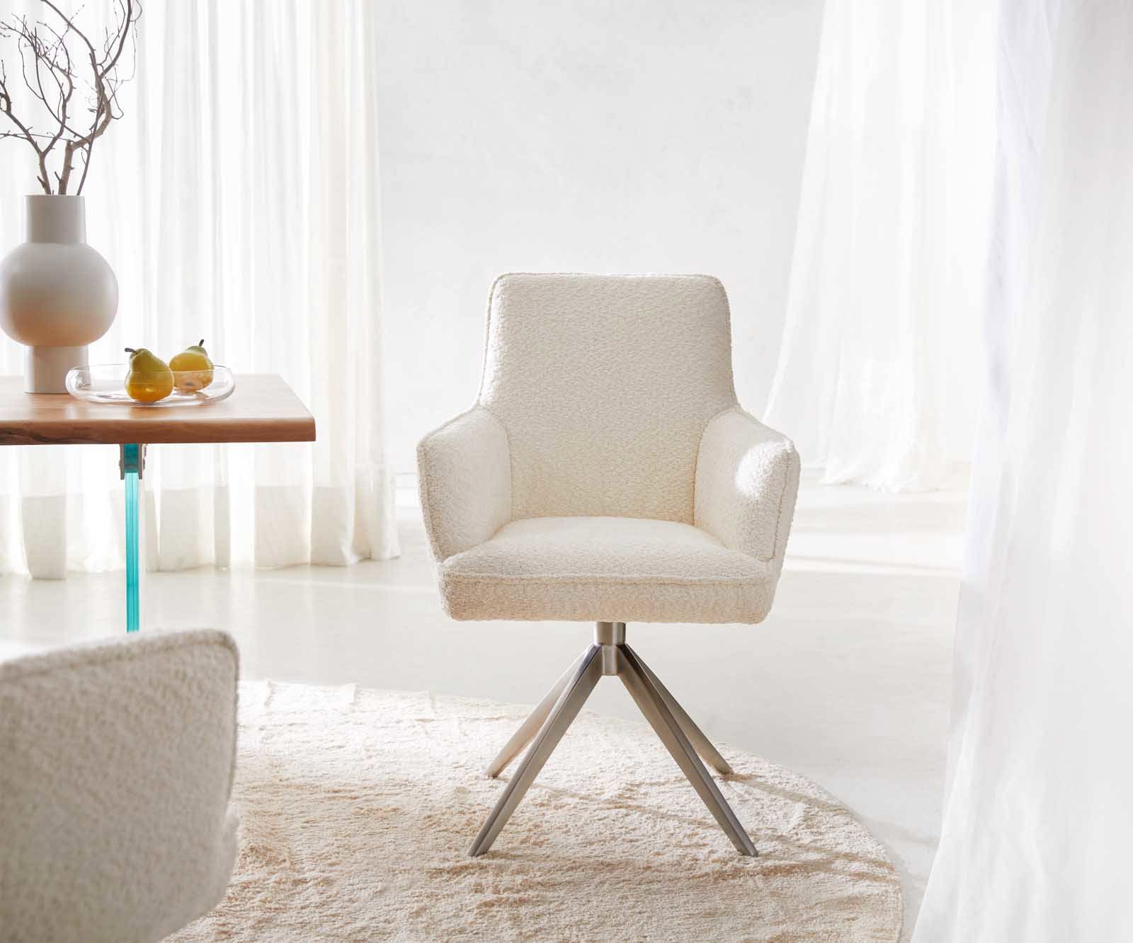 Drehstuhl Heira-Flex mit Armlehnen Bouclé Weiß Kreuzgestell breit Edelstahl 360° drehbar Taschenfederkern 1 Drehstuhl Heira-Flex mit Armlehnen Bouclé Weiß Kreuzgestell breit Edelstahl 360° drehbar Taschenfederkern 1