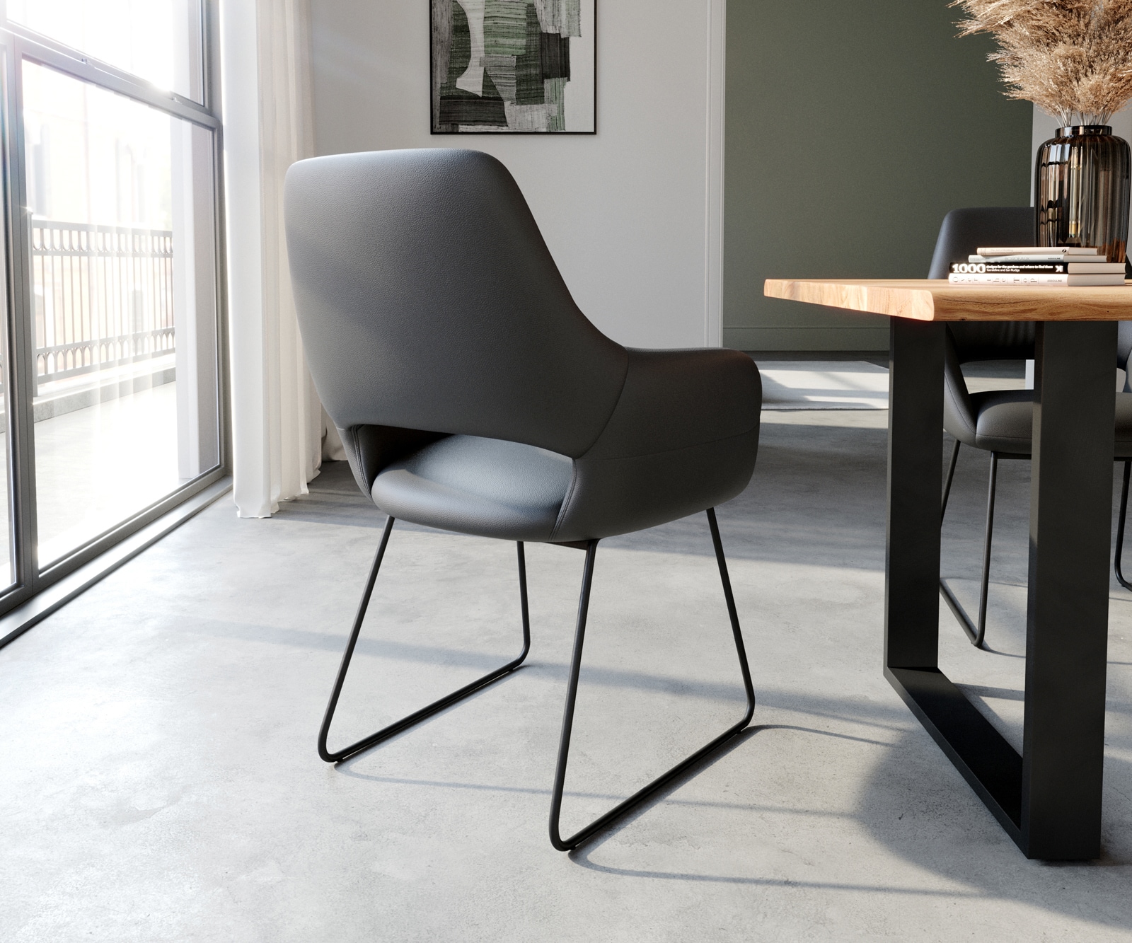 Esszimmerstuhl Yago-Flex mit Armlehnen Echt-Leder Schwarz Kufengestell Schwarz Taschenfederkern 4 Esszimmerstuhl Yago-Flex mit Armlehnen Echt-Leder Schwarz Kufengestell Schwarz Taschenfederkern 4