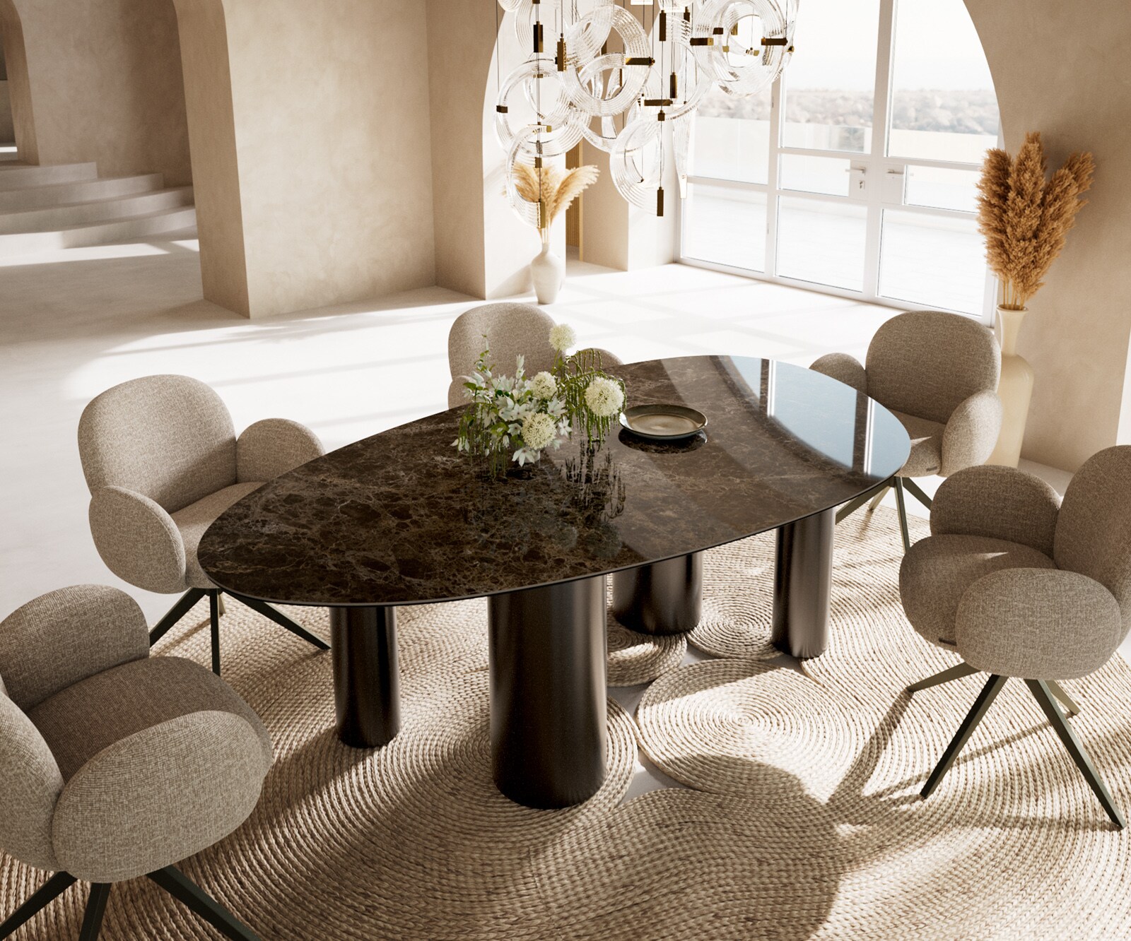 Table à manger Edge Ovale 220x120 Céramique Laminam®Emperador Extra Lucidato Marron foncé Pilier Acier inoxydable Graphite 1