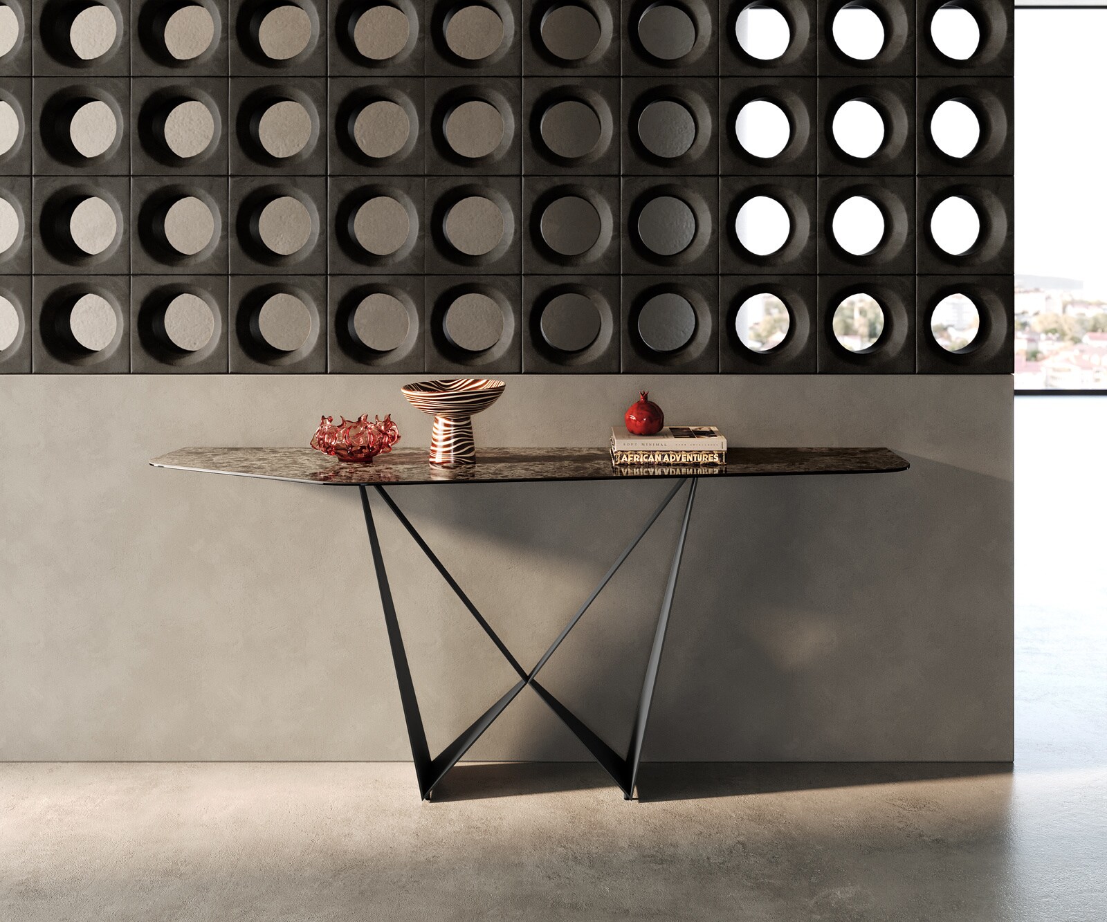 Console Edge Polygonal 180x50 cm Céramique Emperador Extra Lucidato Dunkelbraun Spios Métal Noir