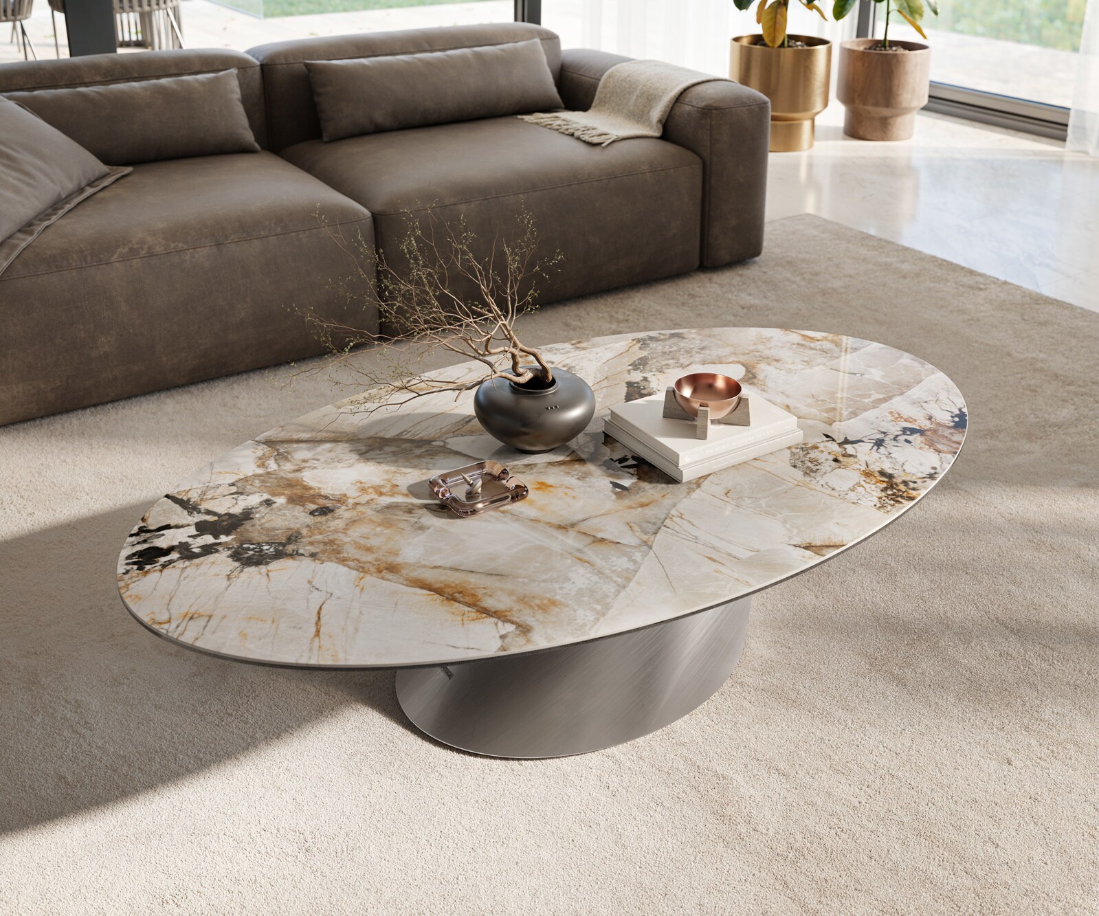 Couchtisch Edge Oval 140x80 cm Keramik Patagonia Poliert Conis Edelstahl gebürstet 3