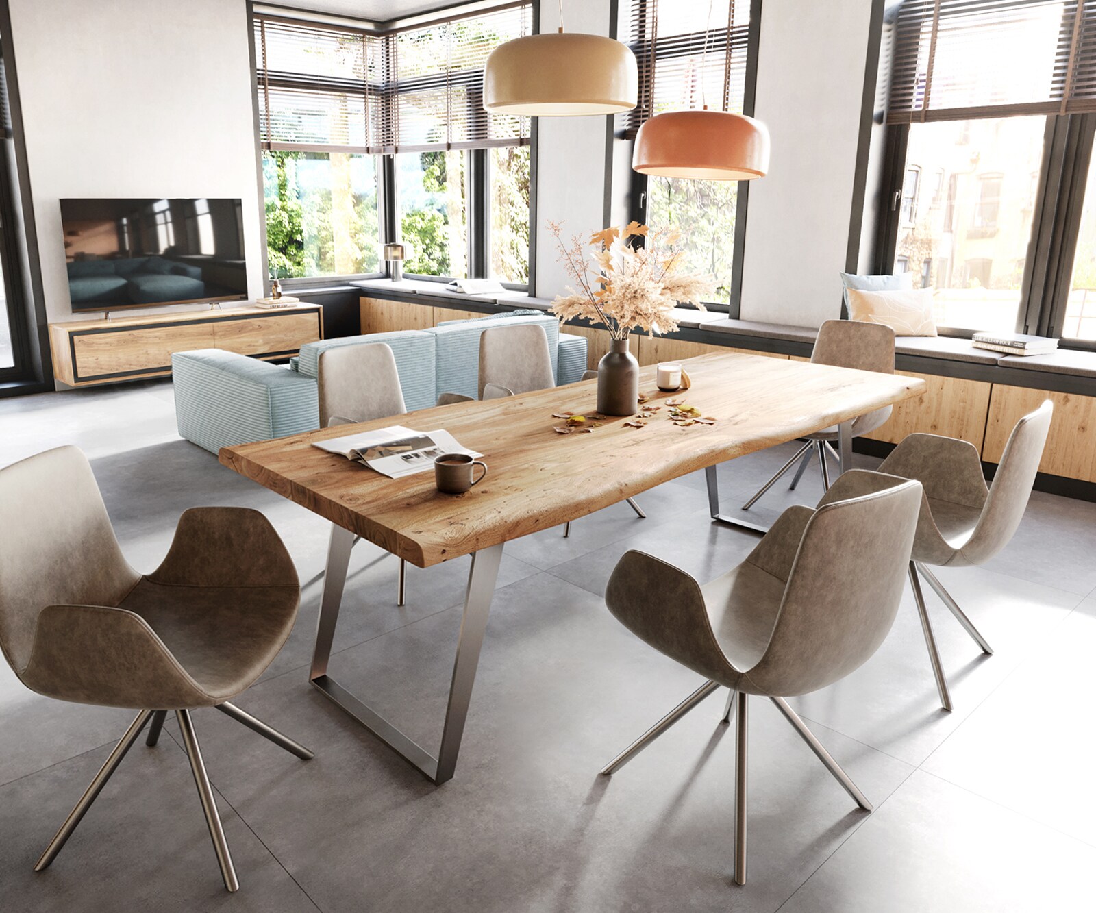 Table à manger Edge 280x100 XL acacia nature acier inoxydable inclinée Live-Edge 5